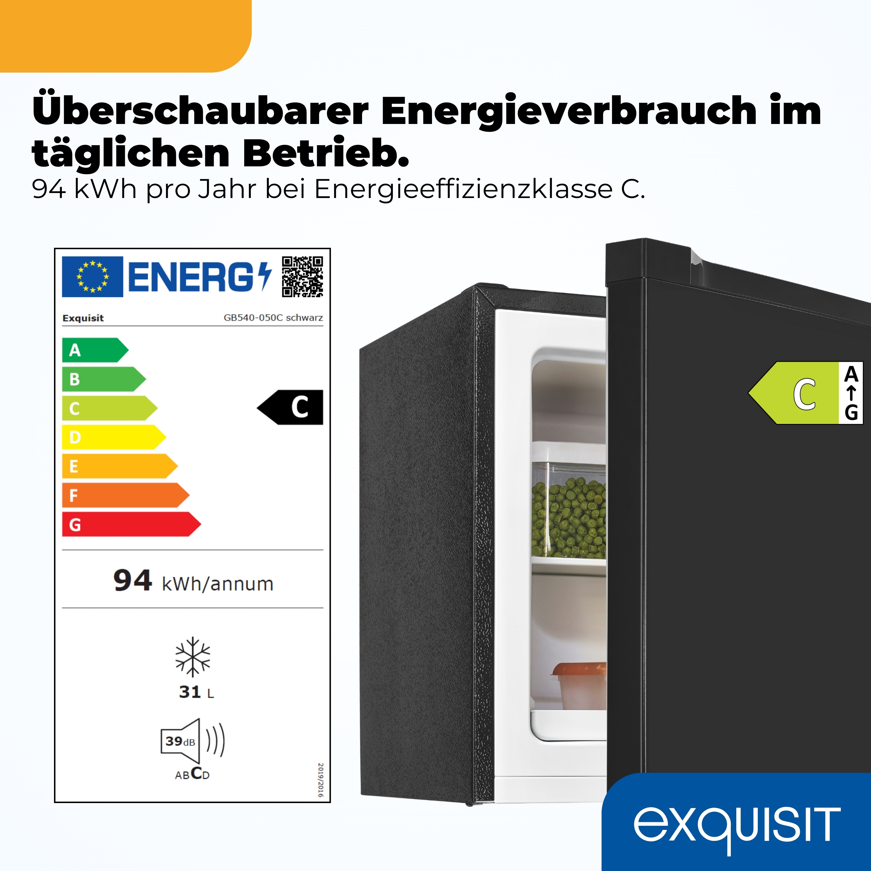 Schwarzer Kühlschrank mit Energieeffizienzlabel C. Kühlschrankinhalt: Erbsen.