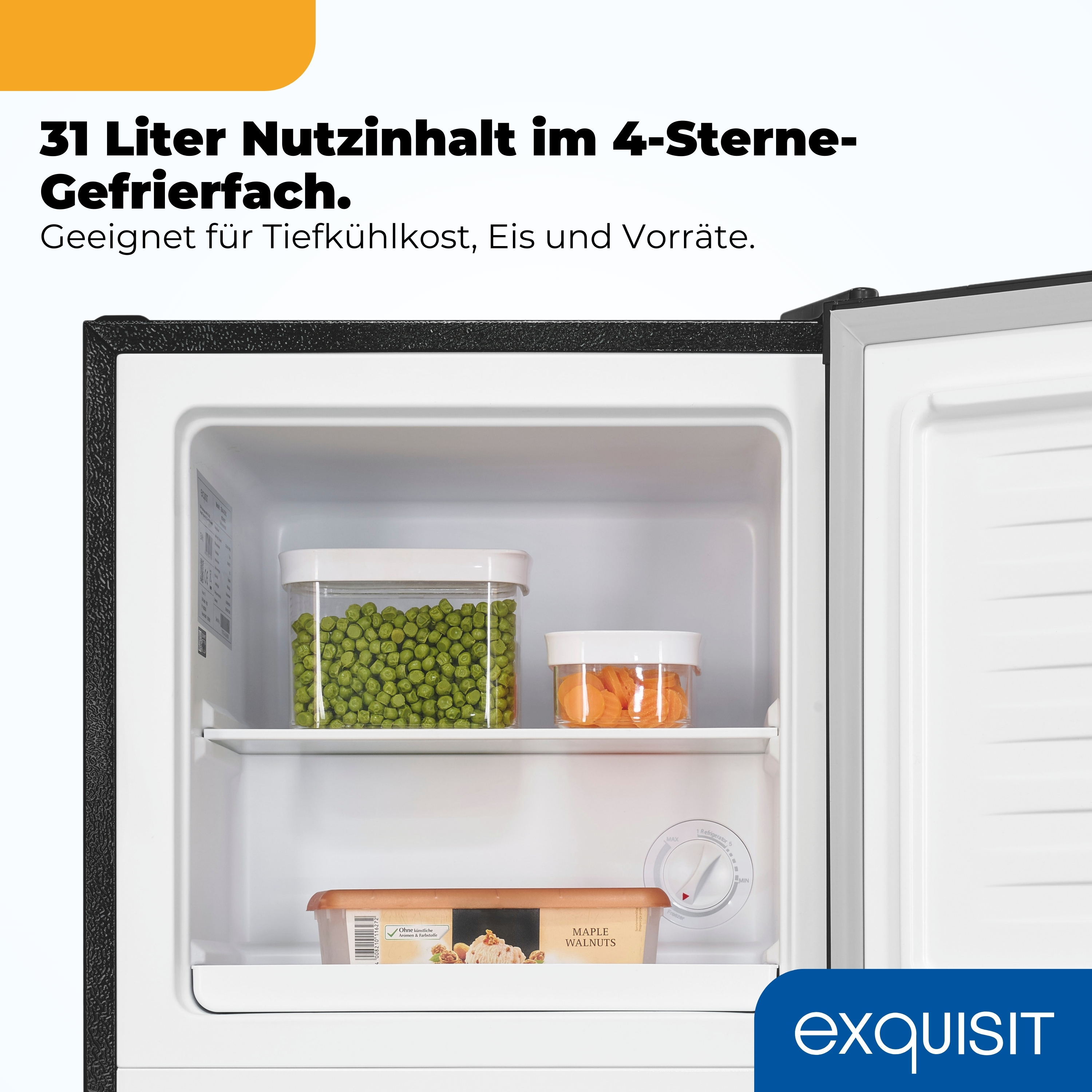 Innenansicht eines Gefrierschranks mit Behältern für Erbsen, Karotten und Eis.