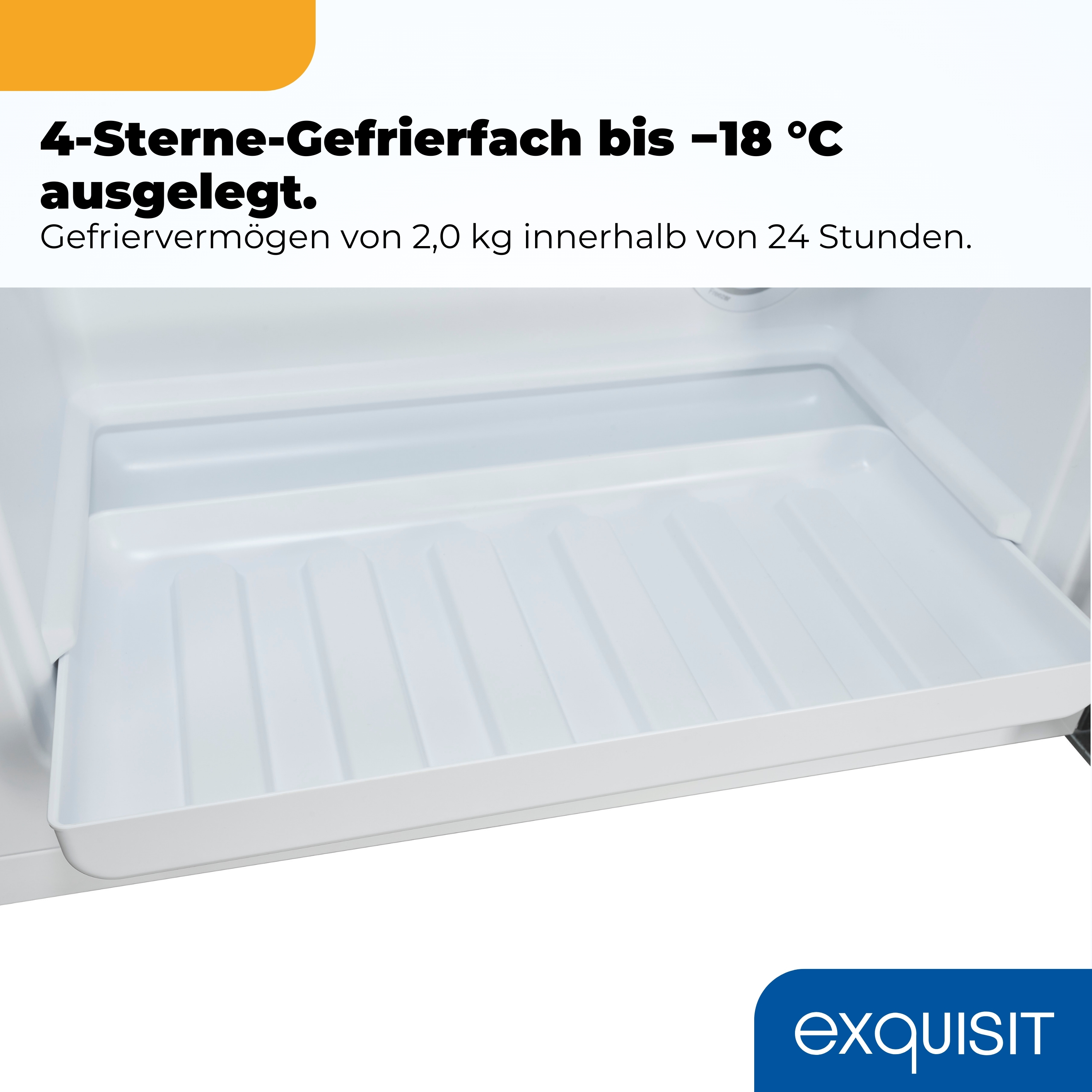 Innenansicht eines weißen Gefrierfachs mit Schublade, Text über Gefrierleistung.