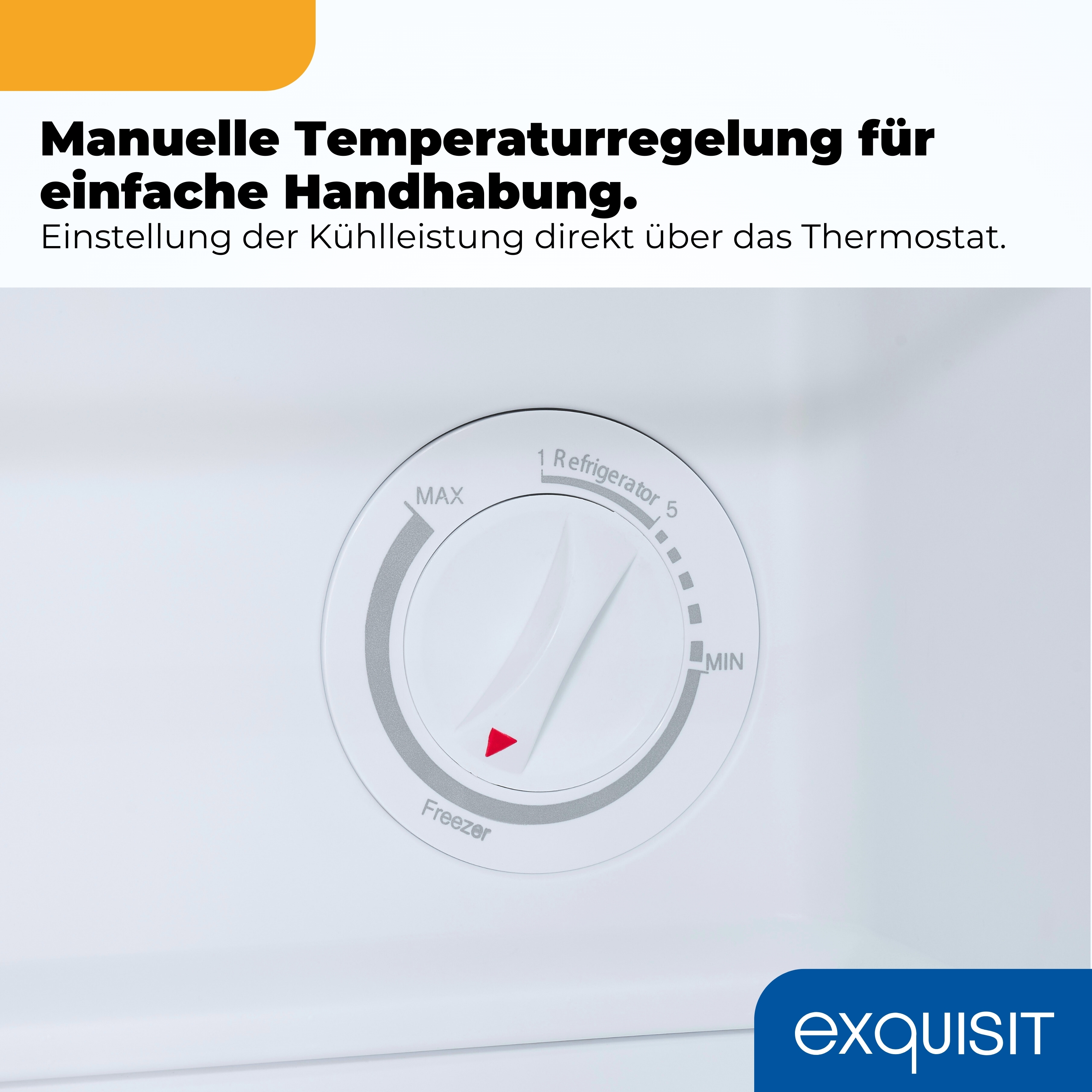 Ein weißer Thermostatregler mit roten Pfeil für die Temperaturregelung. Beschriftung: MAX, MIN, Freezer.