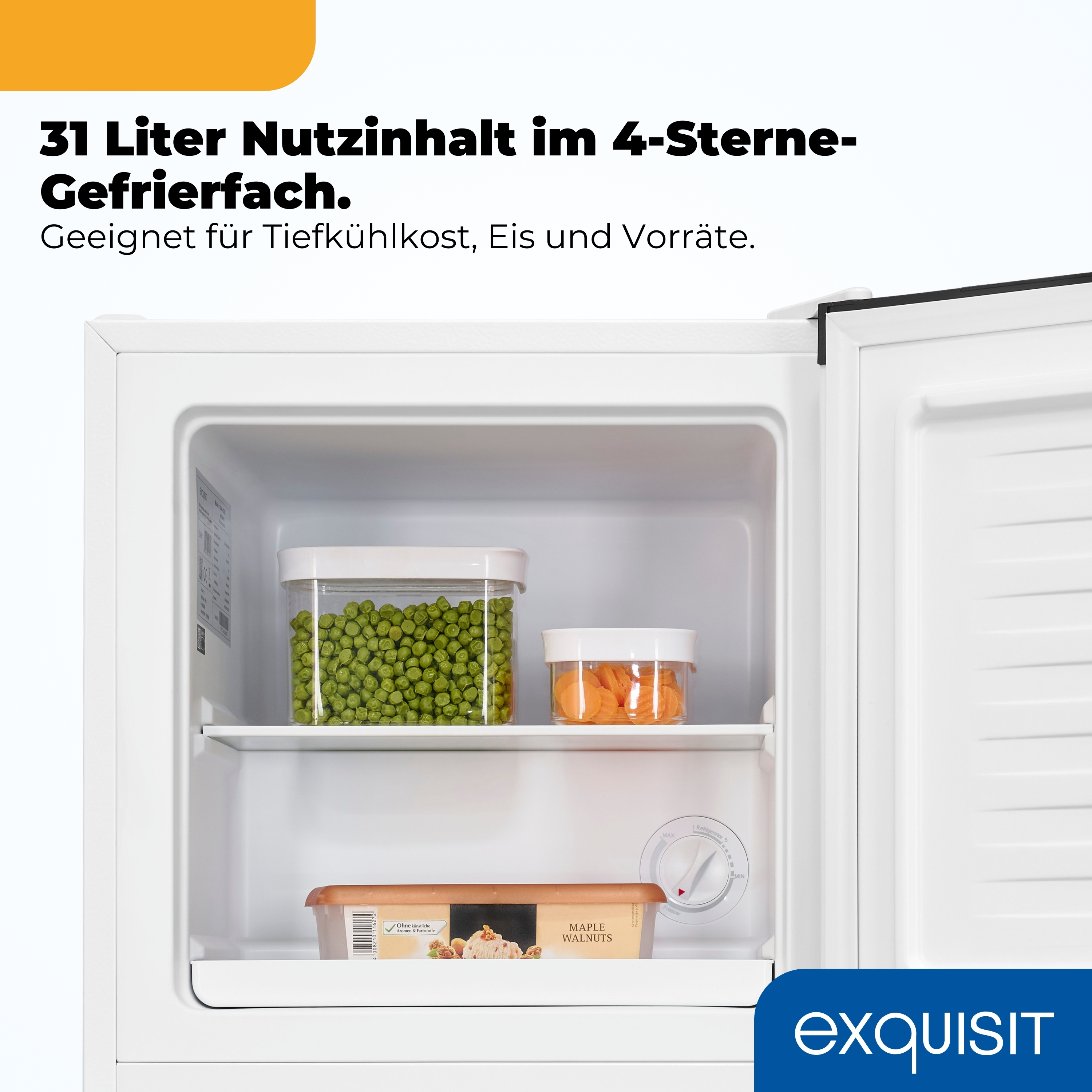 Gefrierschrank mit 31L Inhalt, gefüllt mit Erbsen, Karotten und Eis.