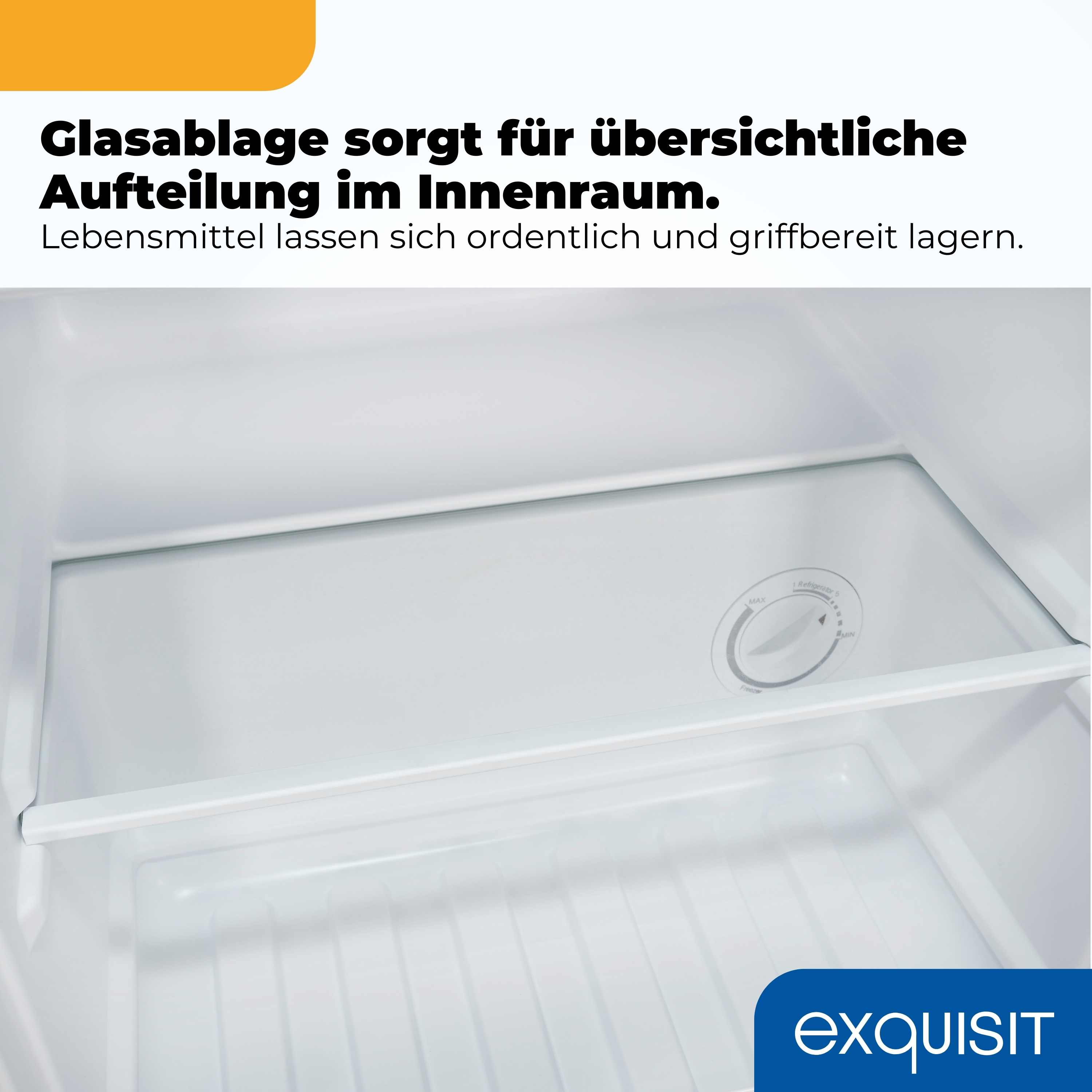 Innenraum eines Kühlschranks mit Glasablage und Temperaturregler.