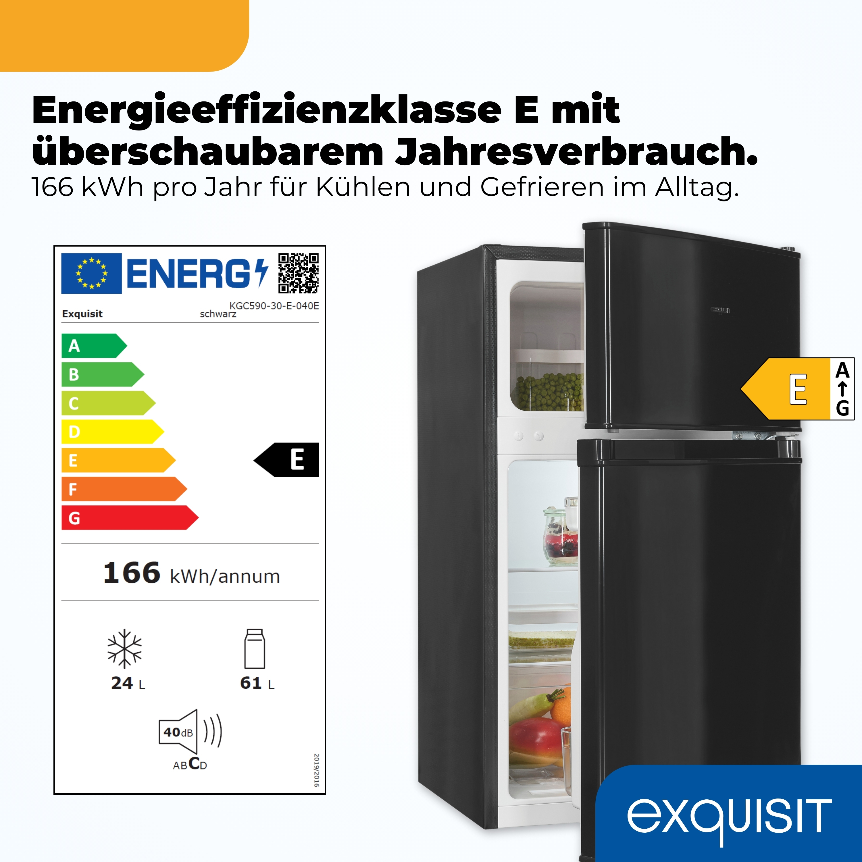 Schwarzer Exquisit Kühlschrank mit Energieeffizienzklasse E, 166 kWh/Jahr, 24L Gefrierfach, 61L Kühlfach.