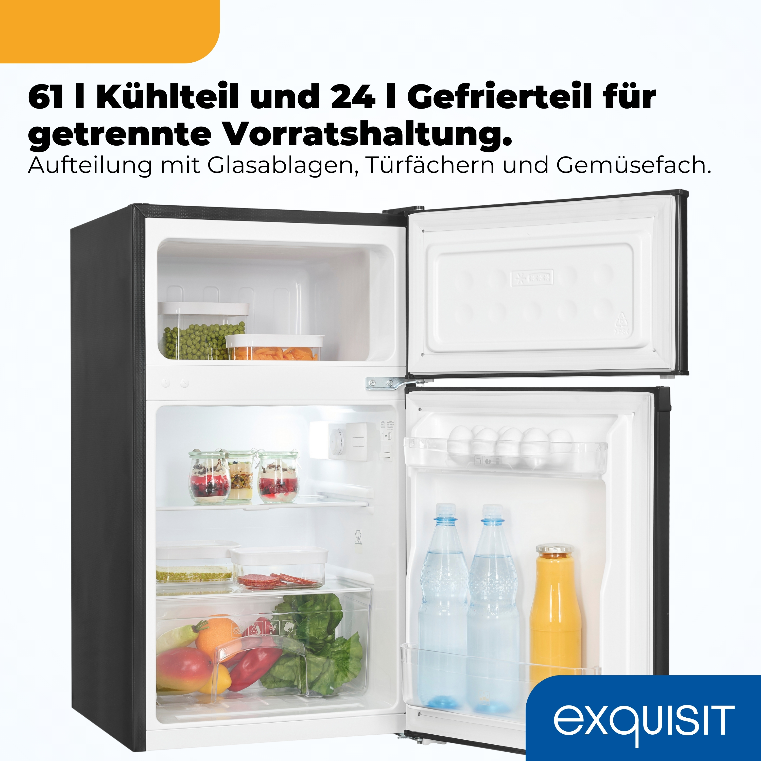 Offener schwarzer Kühlschrank mit Lebensmitteln und Getränken.