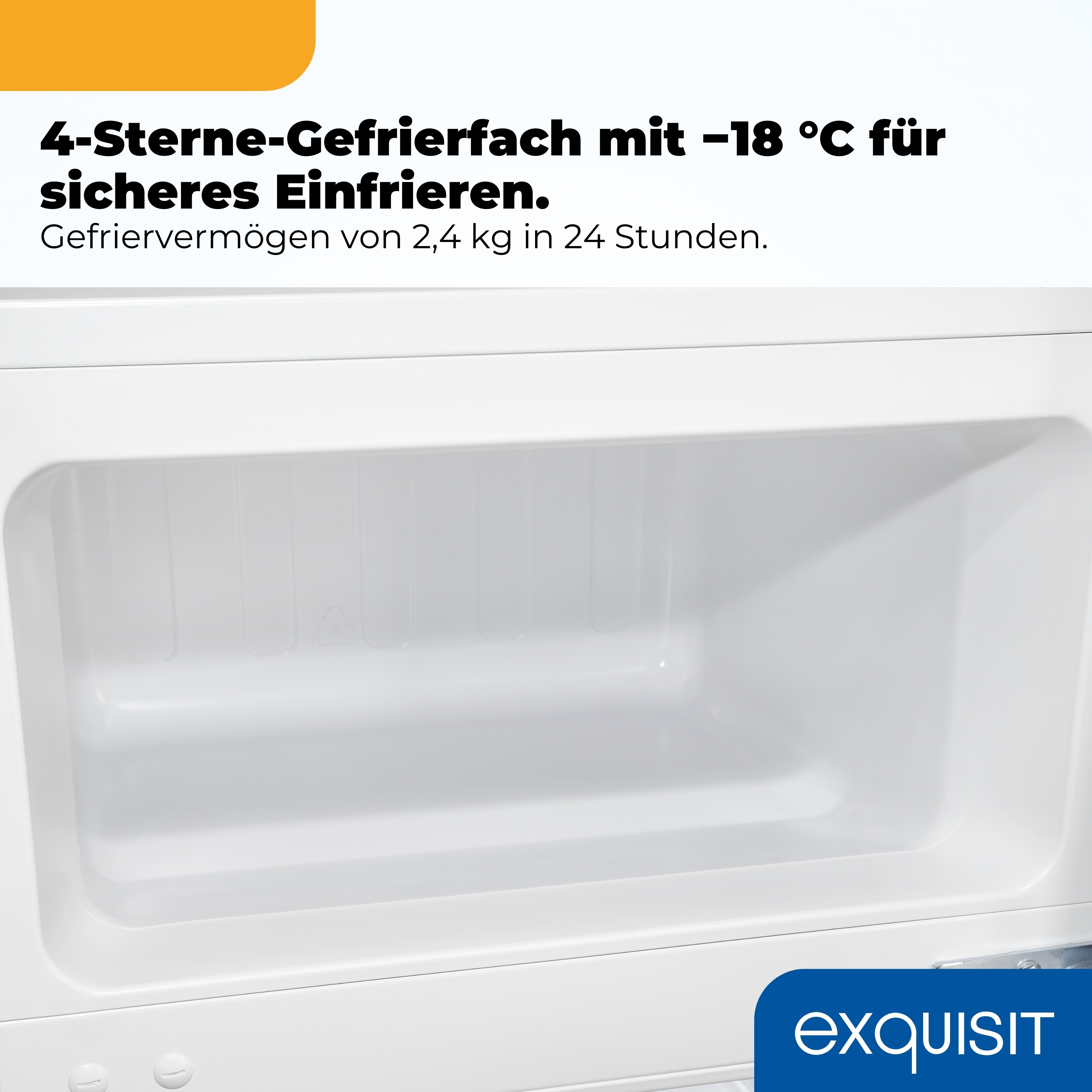 Ein leeres, weißes 4-Sterne-Gefrierfach mit -18°C und dem Logo von Exquisit.