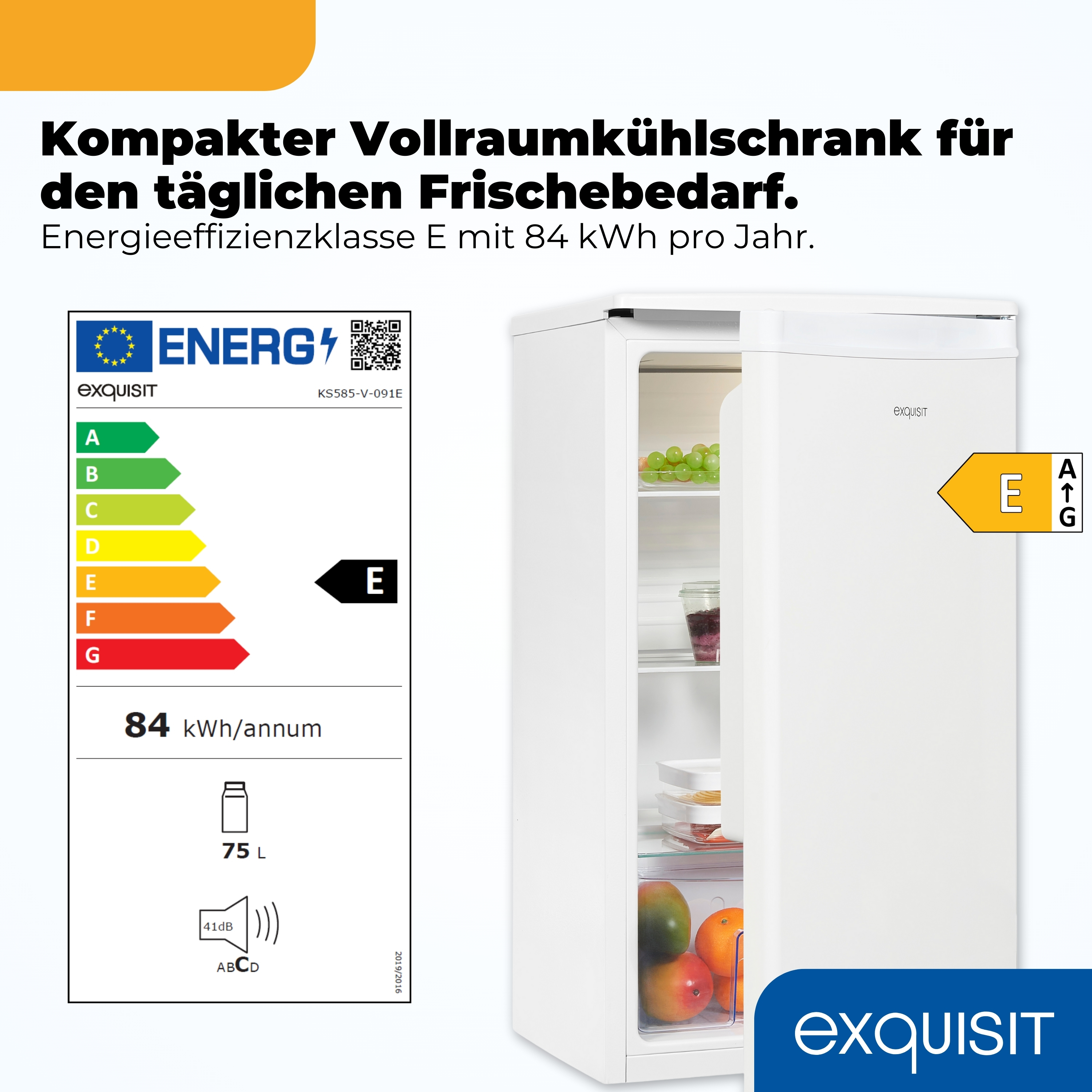Weißer Kühlschrank mit Energieeffizienzklasse E, 75 L, 41 dB und Früchten.
