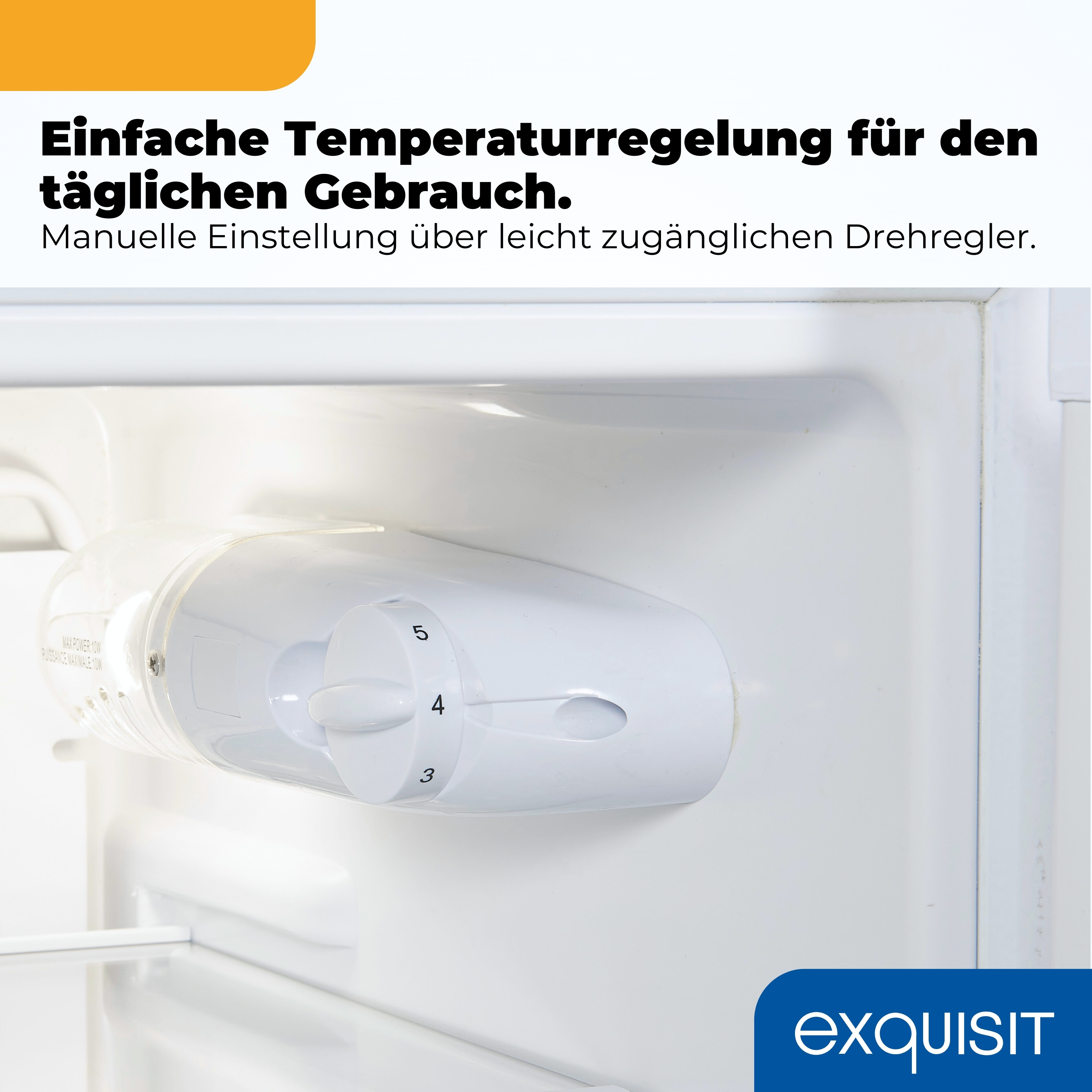 Ein weißer Drehregler mit Zahlen 3, 4, 5 im Inneren eines Kühlschranks.