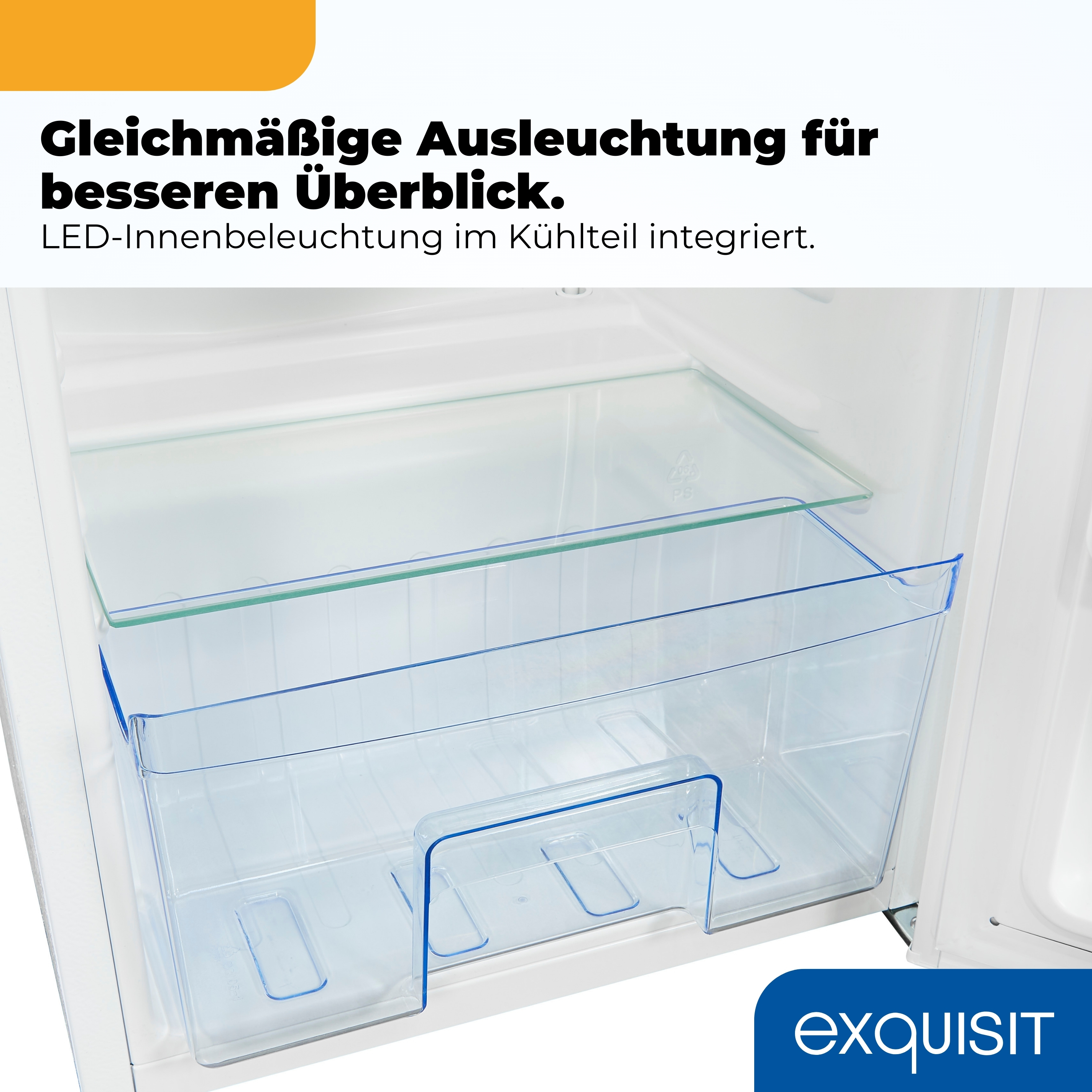 Einblick in einen Kühlschrank mit Glasablage und transparenter Schublade.