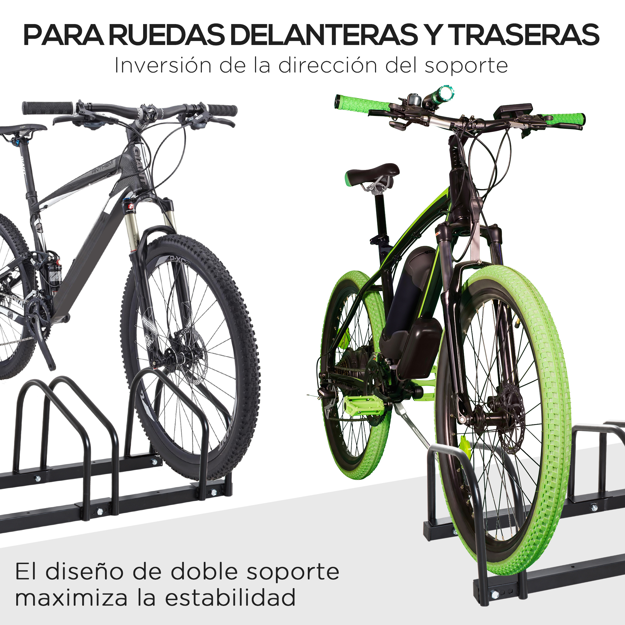 Dos bicicletas en un soporte: una negra, otra verde. Fondo blanco.