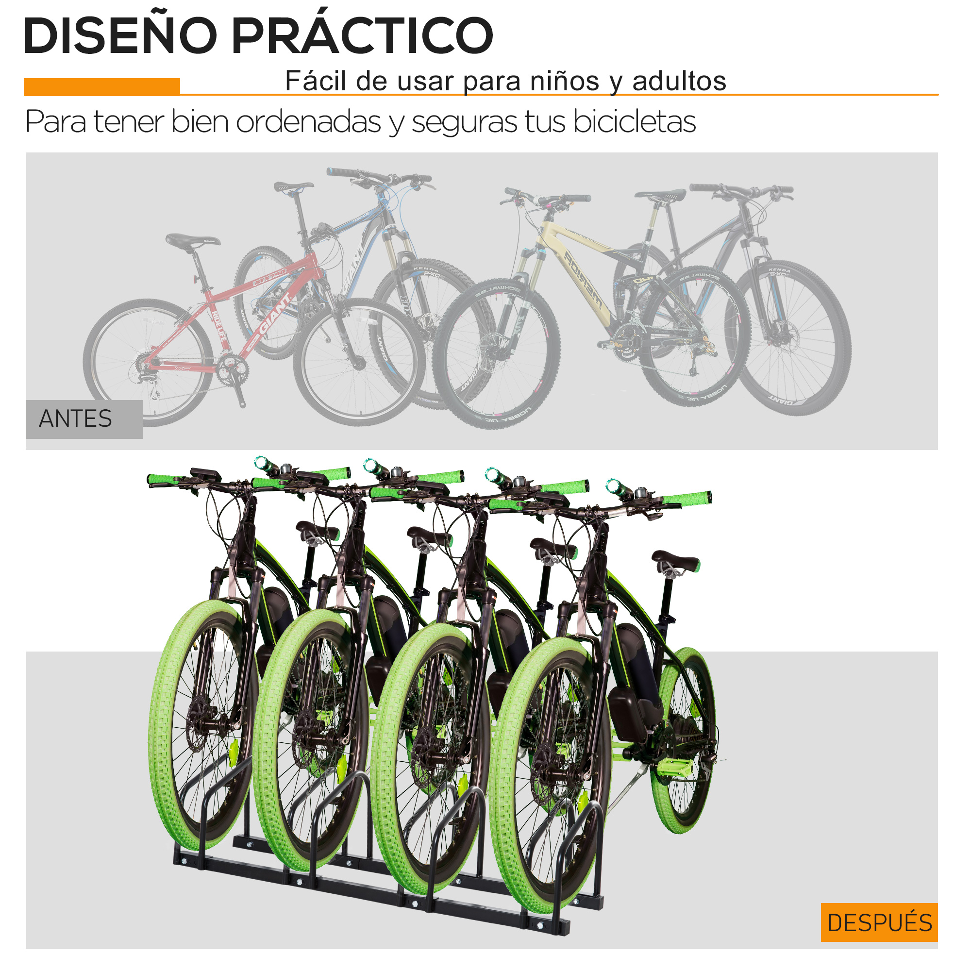 Antes: Bicicletas desordenadas. Después: Bicicletas ordenadas en un soporte.