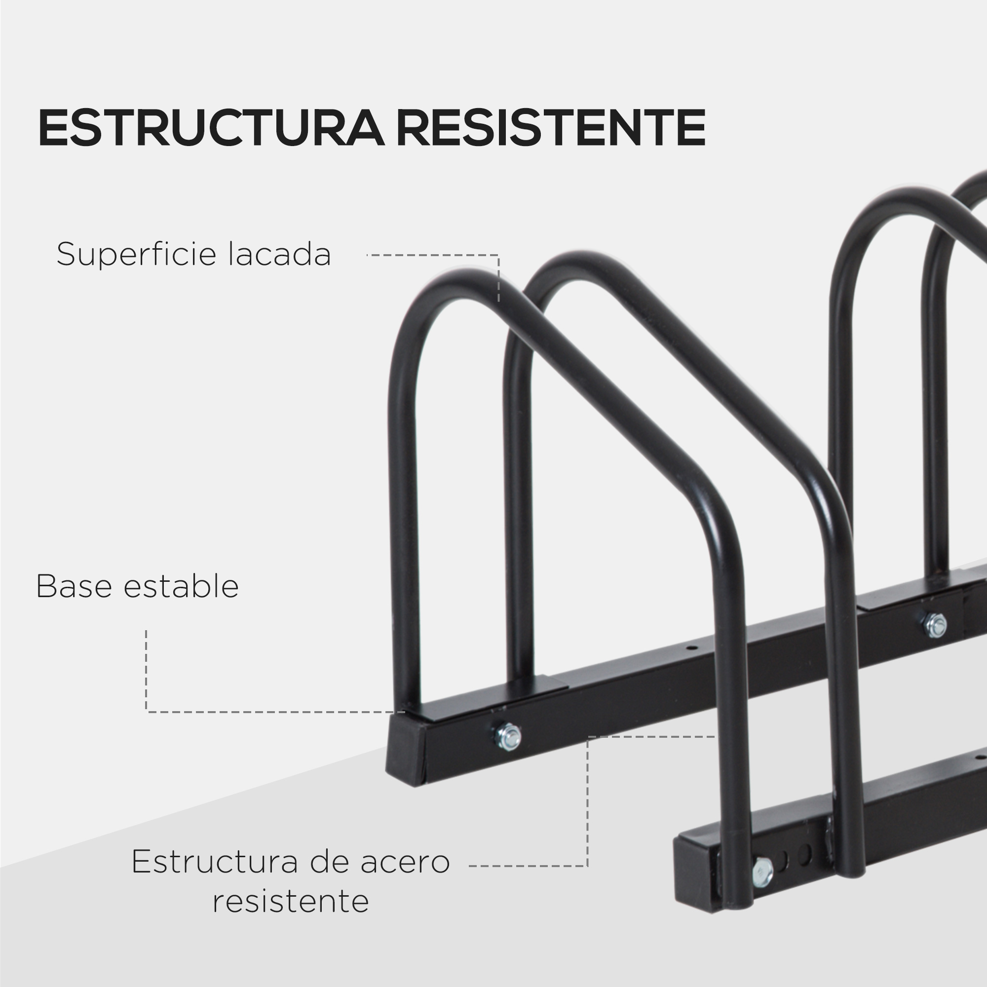 Un portabicicletas negro con tres soportes y una estructura de acero resistente.