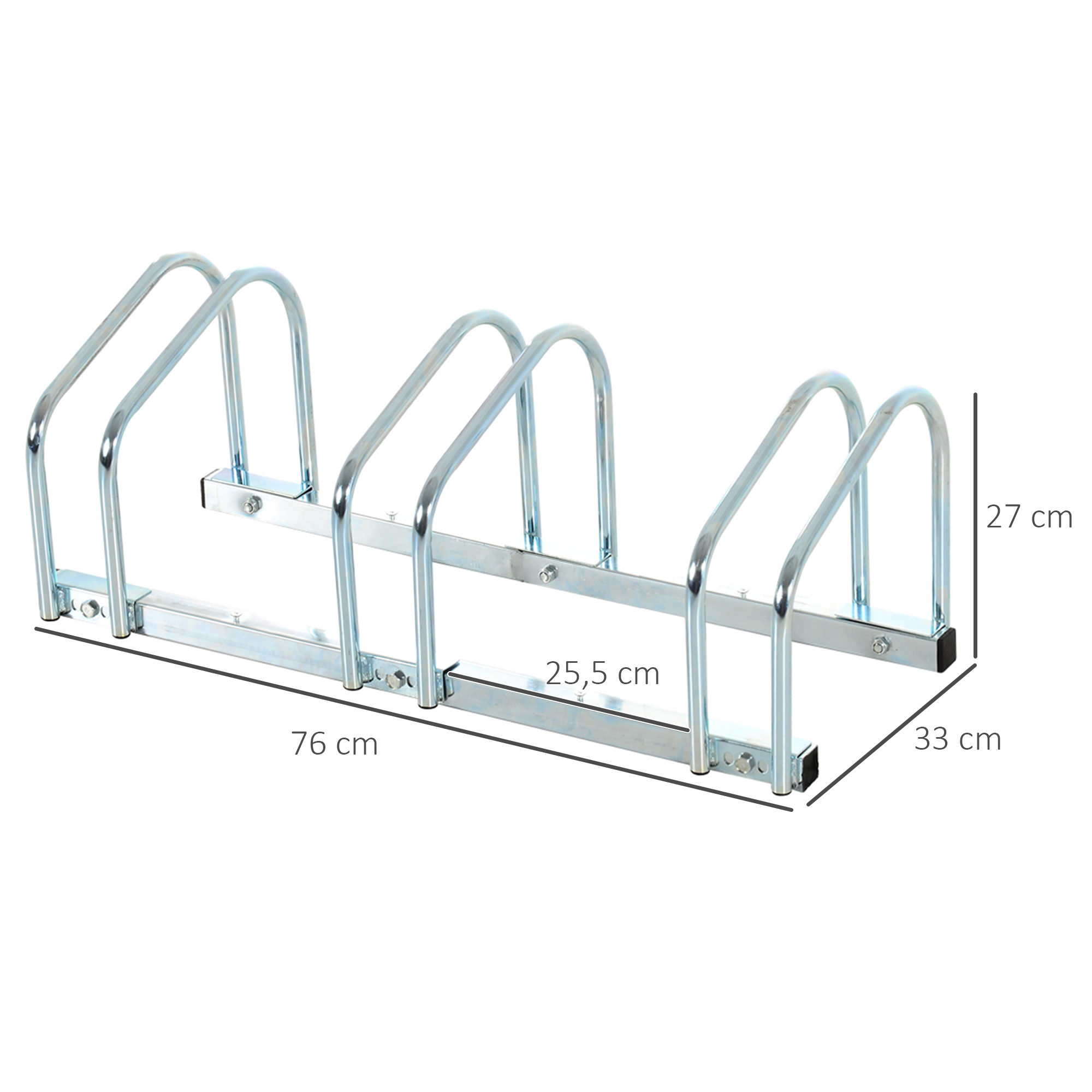 Un portabicicletas plateado para tres bicicletas con dimensiones.