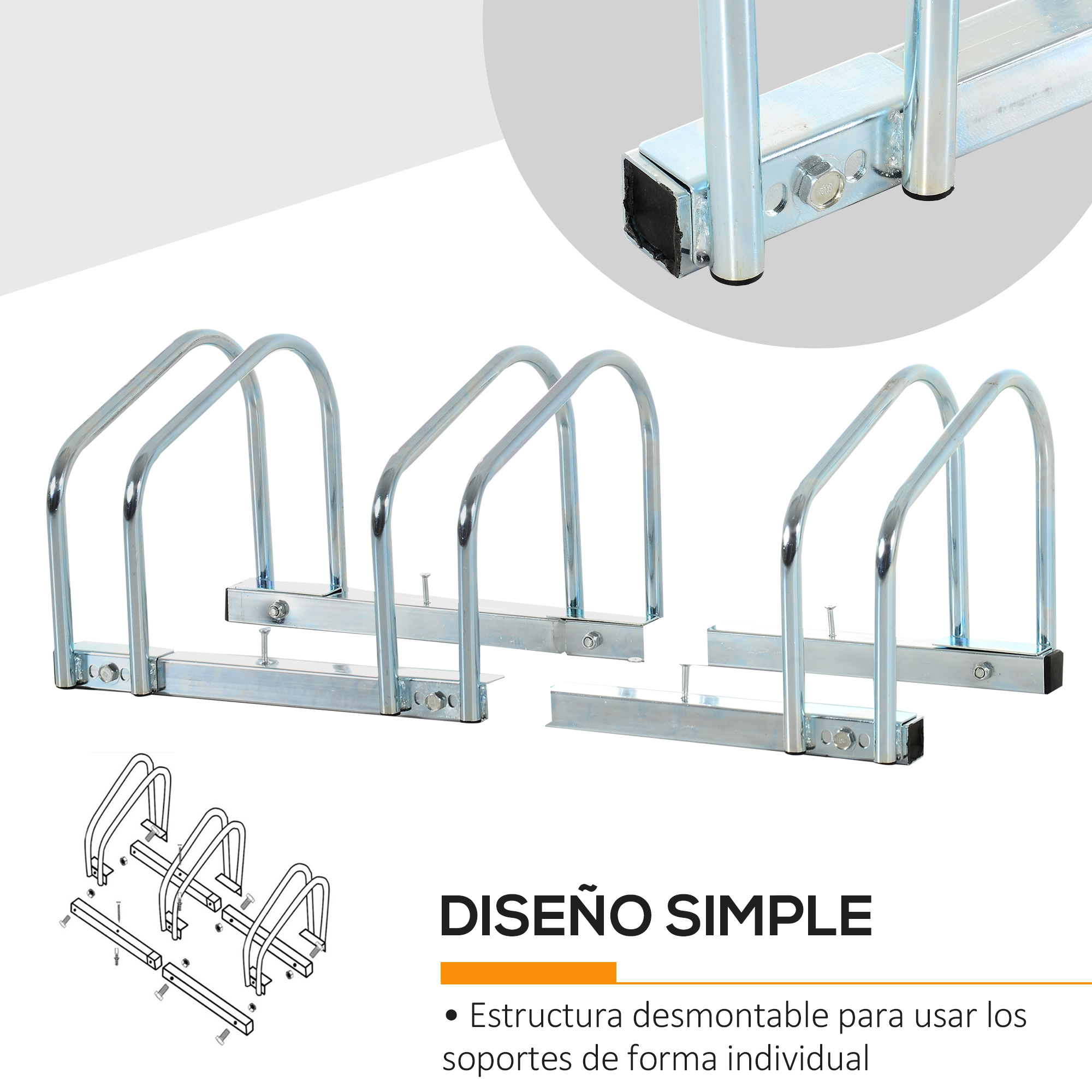 Un portabicicletas plateado de tres plazas, algunas piezas están desmontadas.