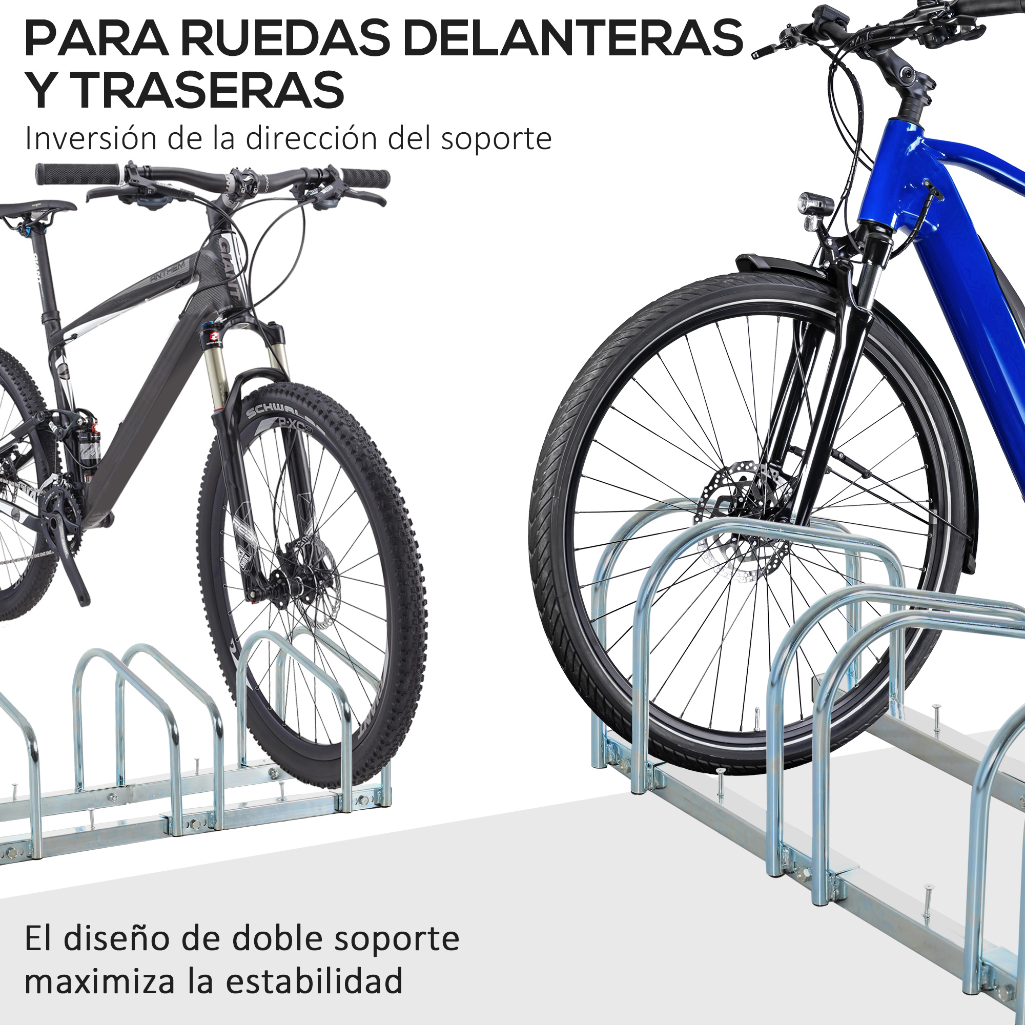 Dos bicicletas en un soporte plateado. Una bicicleta de montaña negra y una e-bike azul.