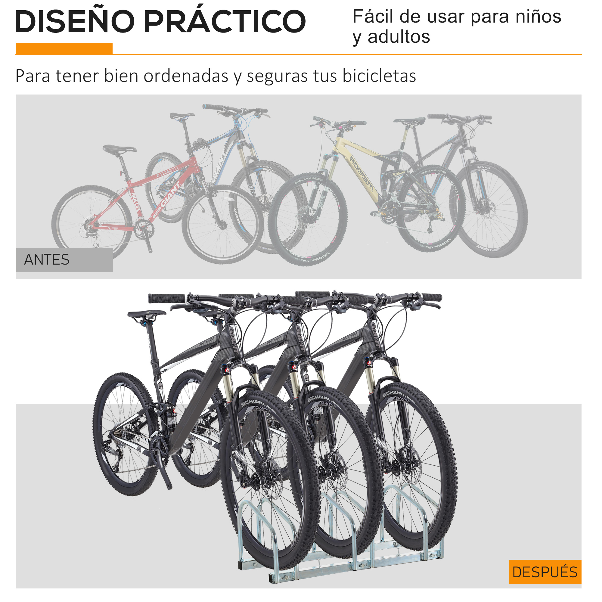 Antes: Bicicletas desordenadas. Después: Cuatro bicicletas ordenadas en un soporte.