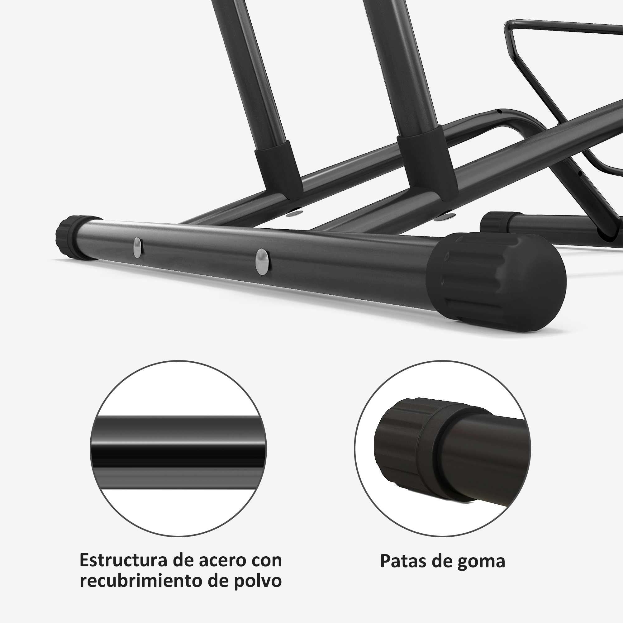 Primer plano de un marco de acero negro con pies de goma y recubrimiento en polvo.