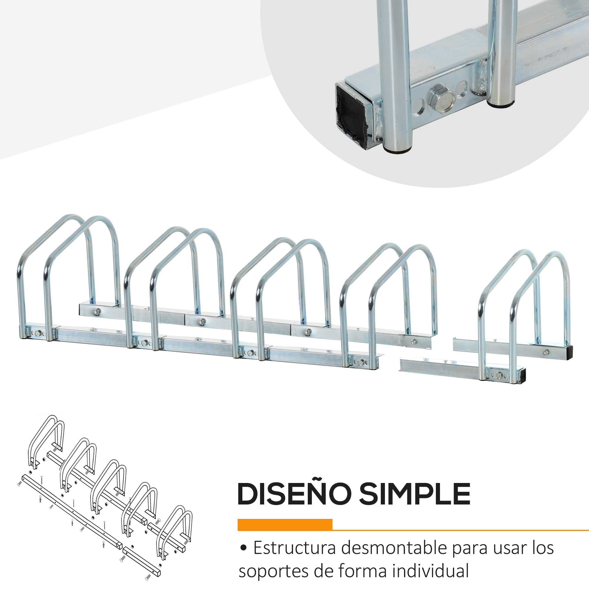 Un portabicicletas plateado con varios soportes y tornillos.