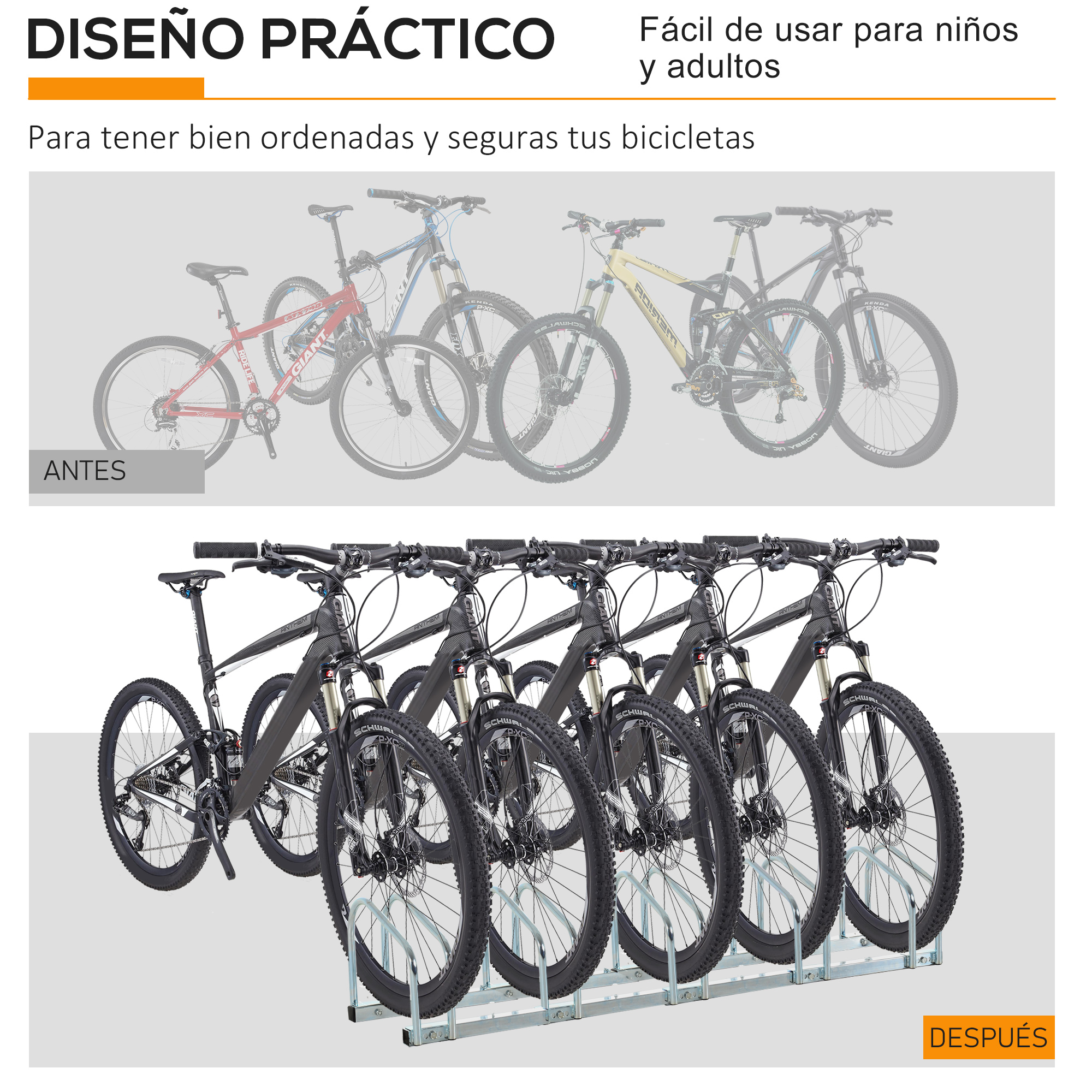 Antes: bicis desordenadas. Después: bicis en un soporte.