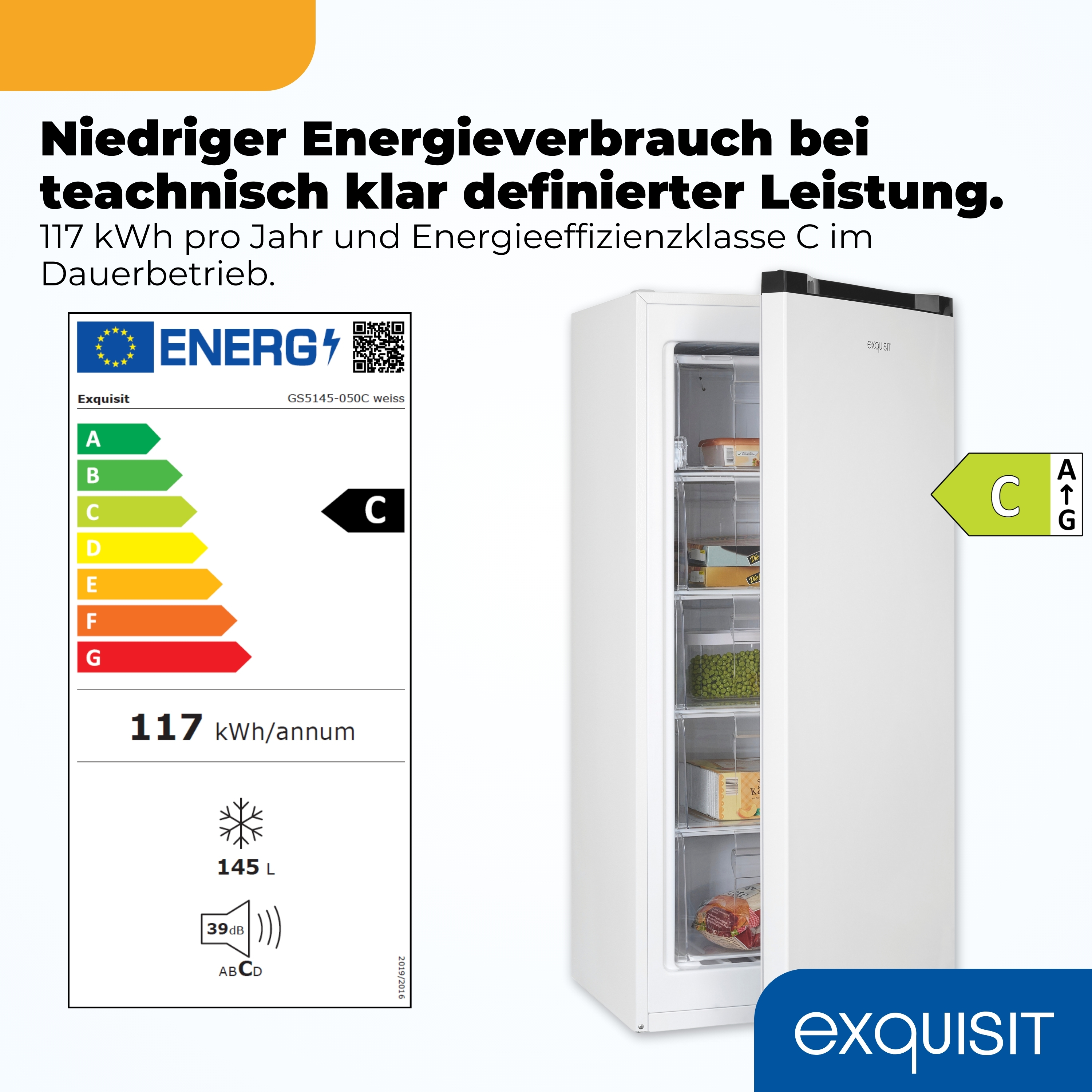 Ein weißer Kühlschrank mit Energieeffizienzlabel Klasse C.