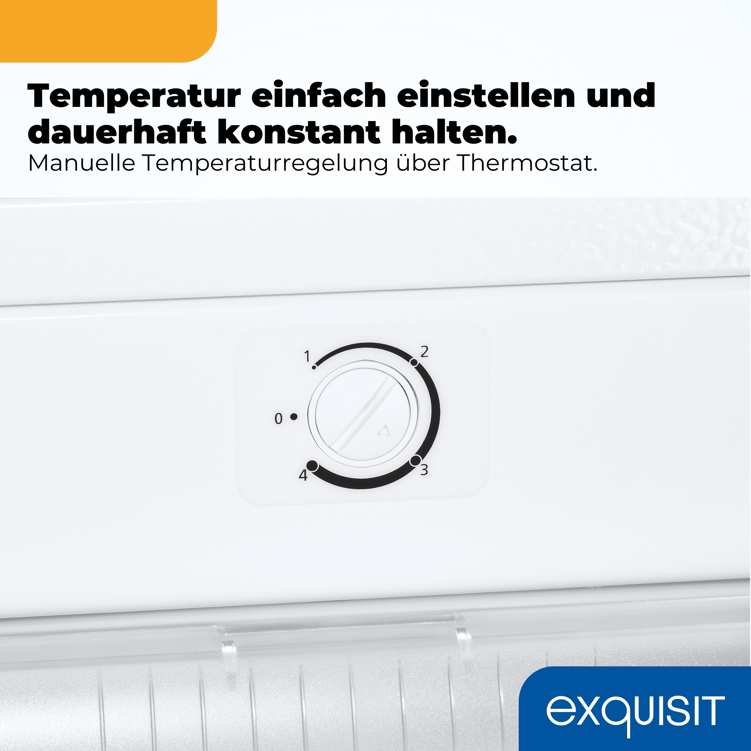 Ein weißer Gefrierschrank mit Thermostatregler von 0 bis 4.