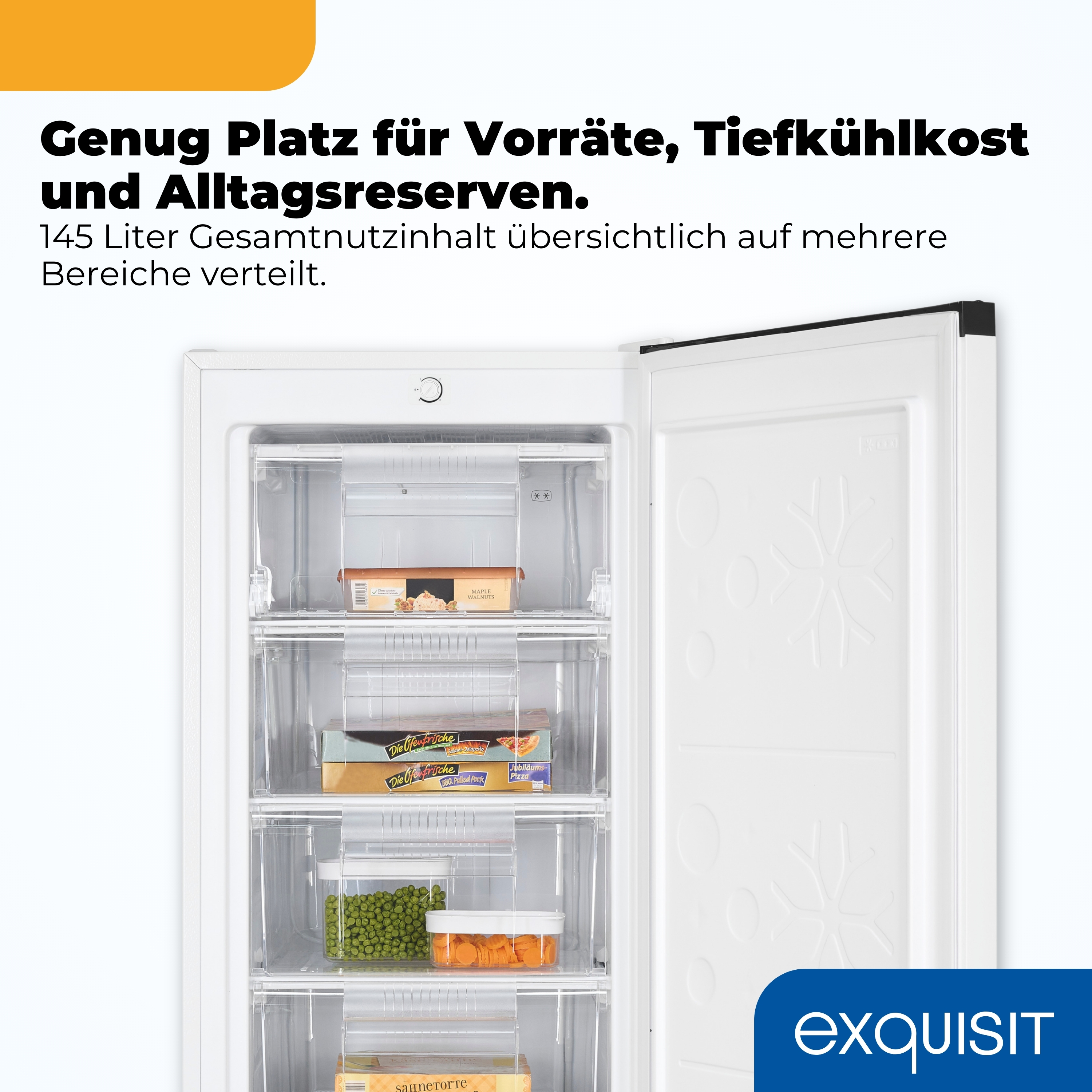 Ein offener Gefrierschrank mit mehreren Schubladen, gefüllt mit Lebensmitteln.