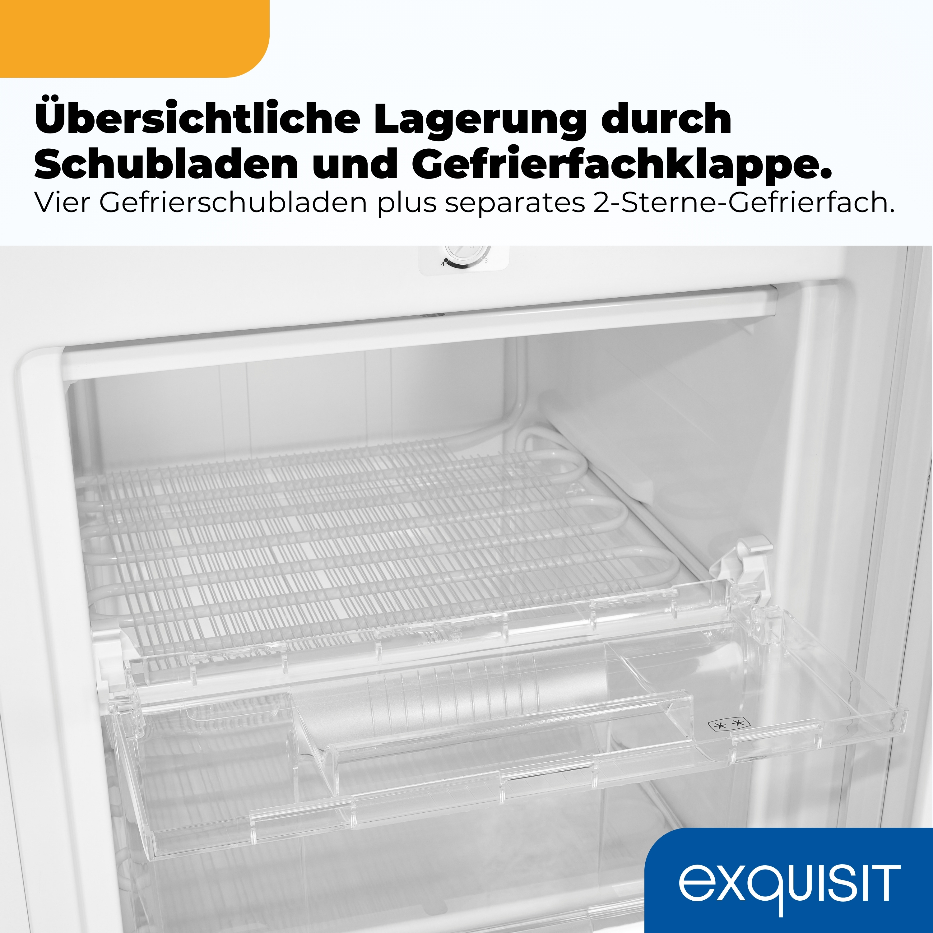 Innenraum eines Gefrierschranks mit vier Schubladen und einem 2-Sterne-Fach.