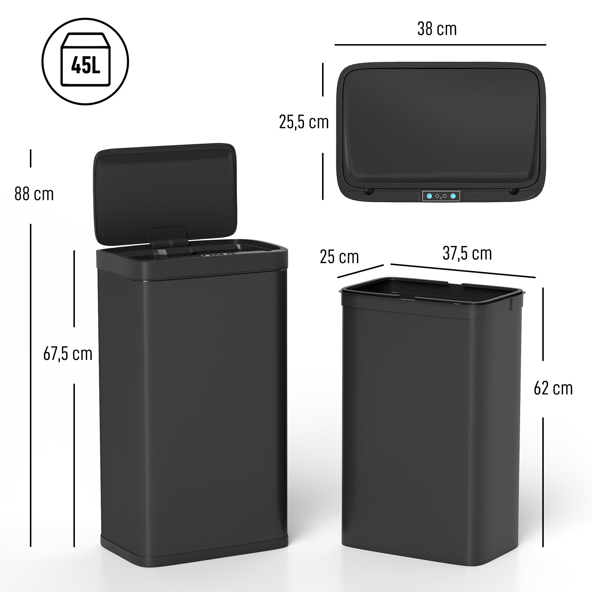 Papelera negra con tapa abierta, dimensiones e icono de 45L.