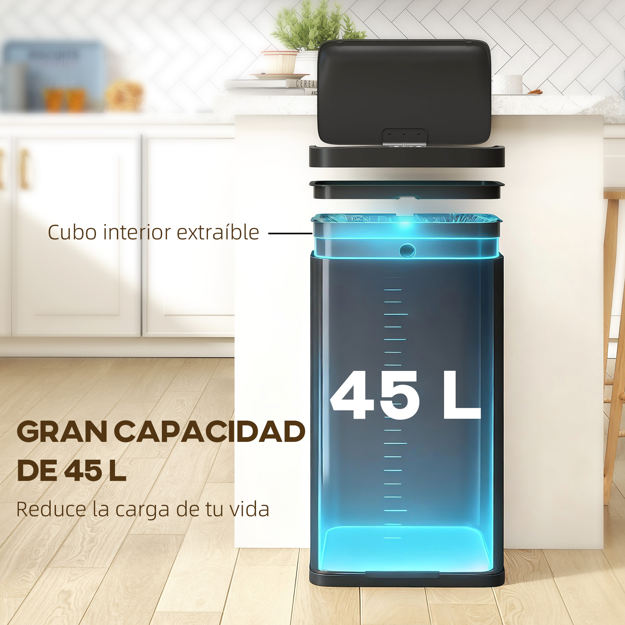 Un cubo de basura negro de 45L con cubo interior extraíble en una cocina.