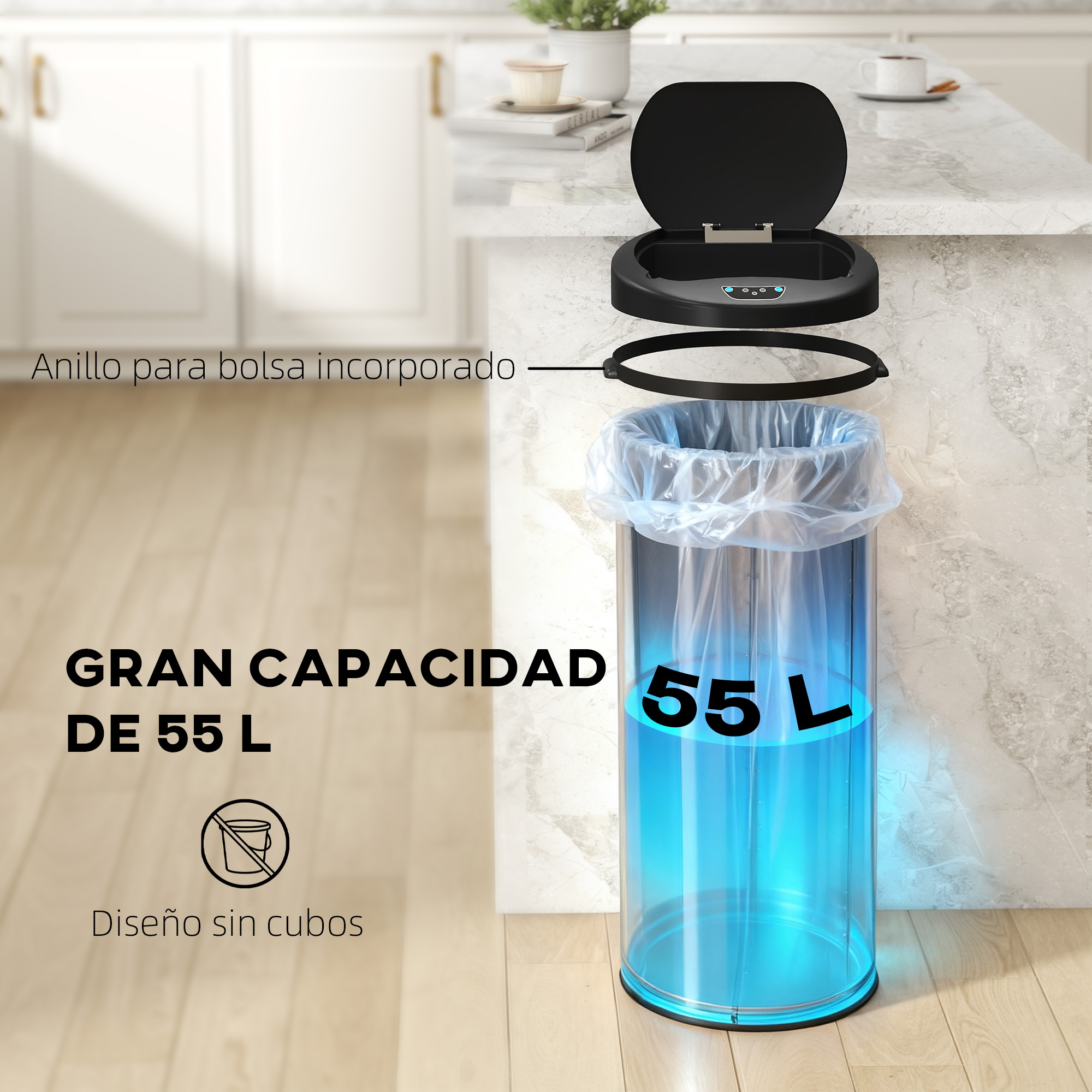 Anillo para bolsa incorporado para cubo de 55L con contenido azul.