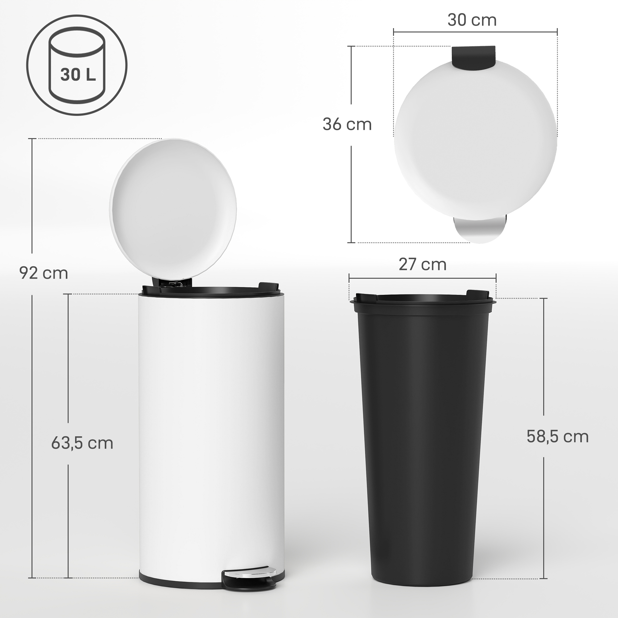 Papelera blanca de 30L con pedal y tapa abierta, al lado un cubo interior negro.