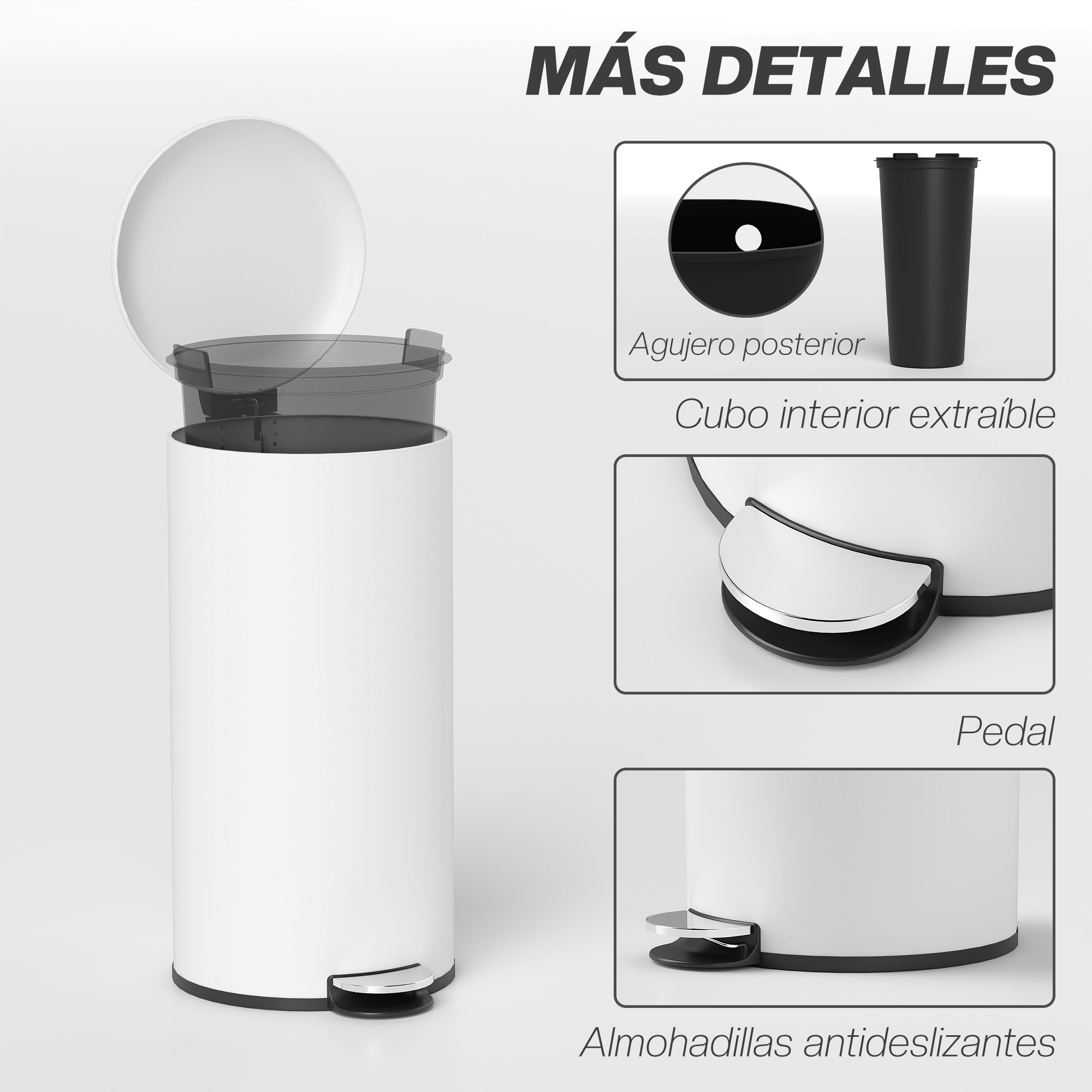 Un cubo de basura blanco con tapa abierta y cubo interior extraíble.