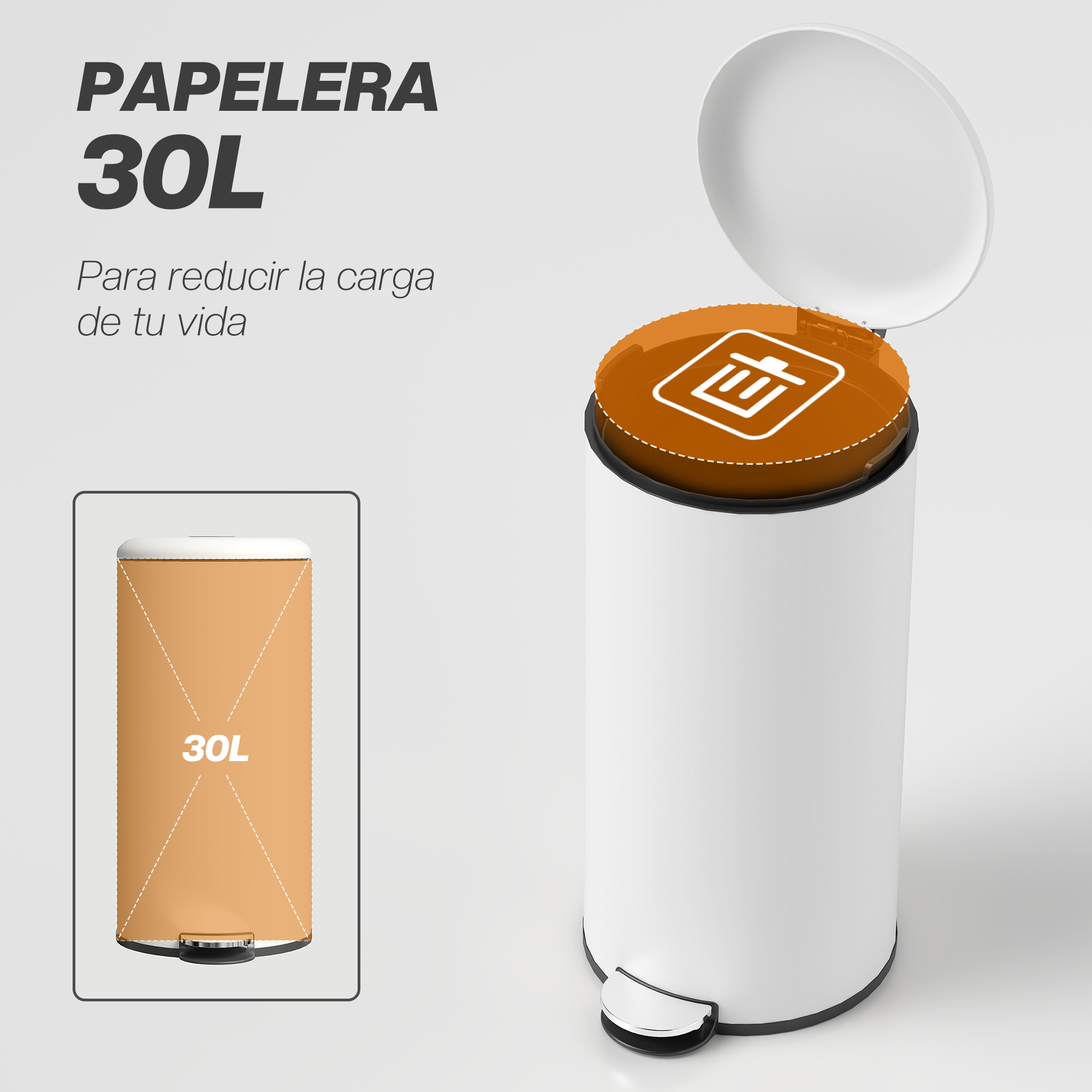 Un cubo de basura blanco de 30L con tapa abierta y un inserto naranja con icono de cubo.