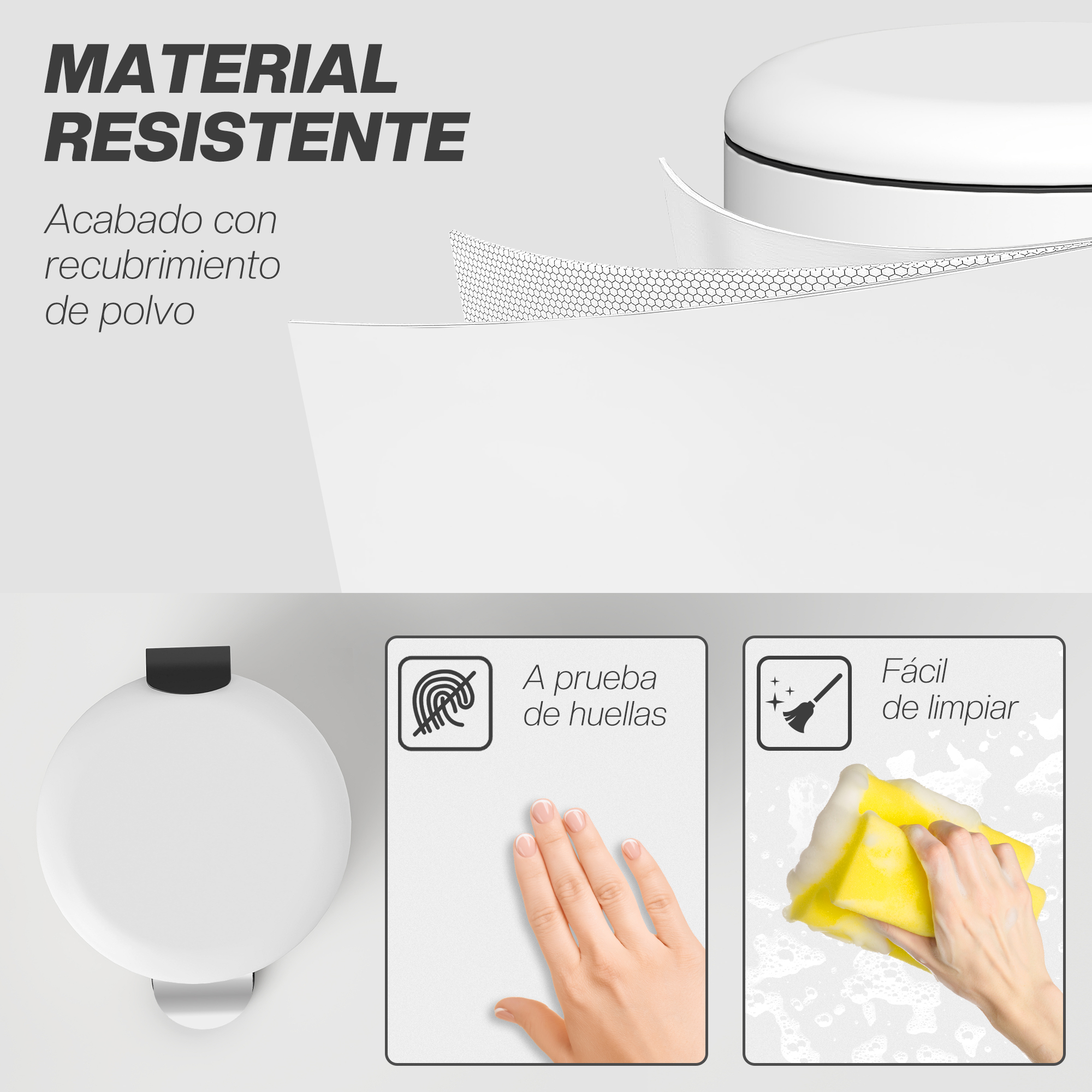Dispensador blanco con iconos de huellas y limpieza. Material.