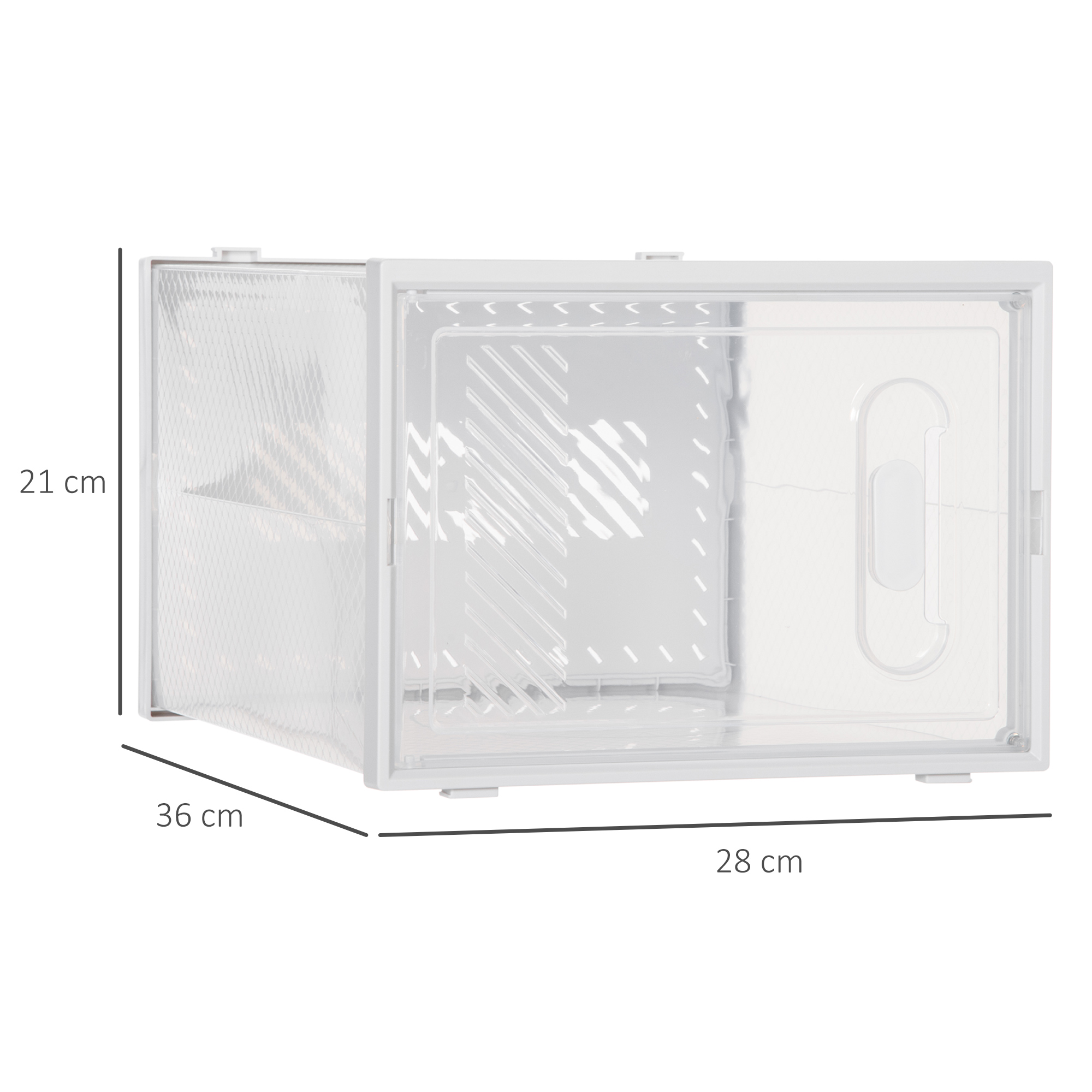 Una caja de zapatos blanca con elementos transparentes y dimensiones.
