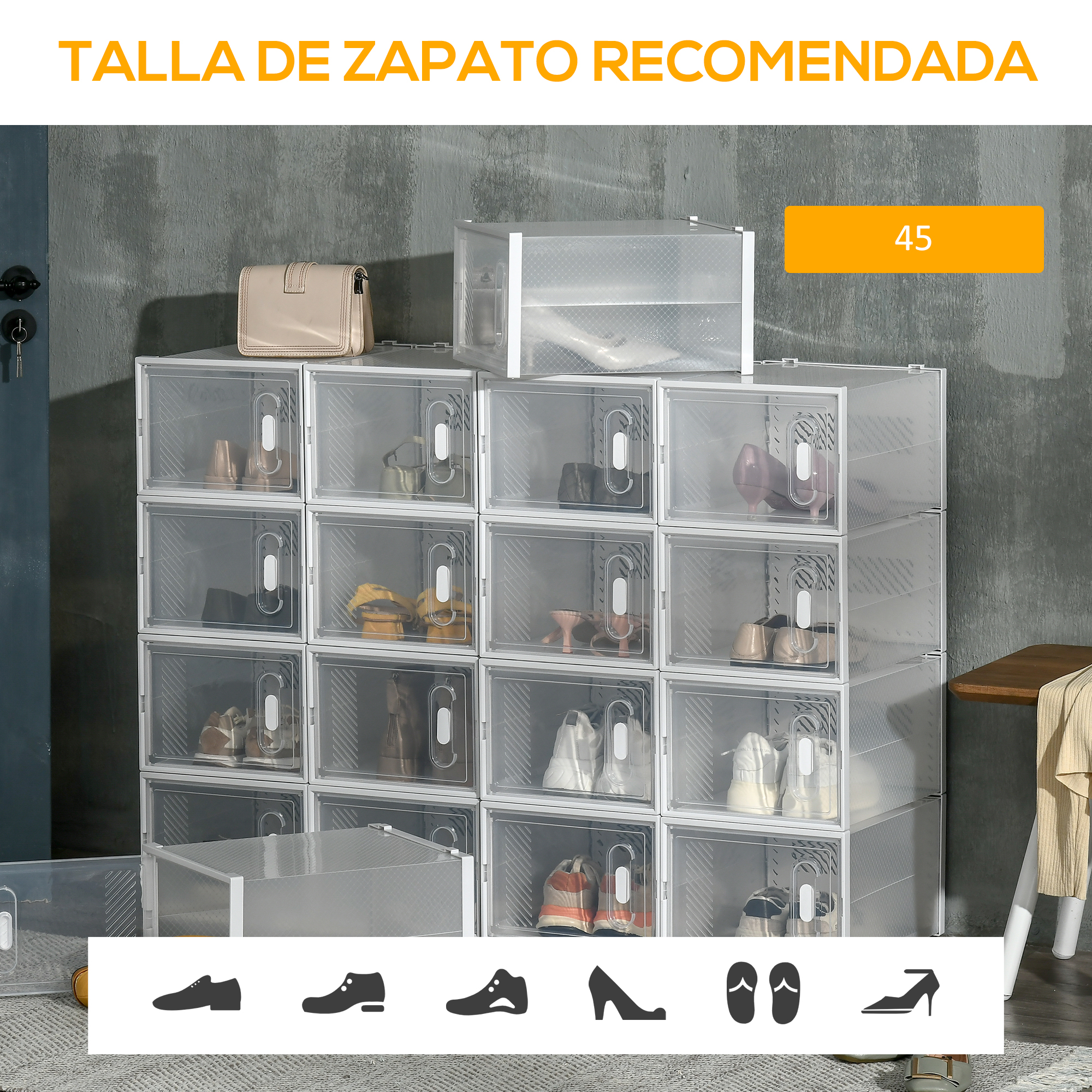 Armarios para zapatos exhiben varios zapatos y un bolso beige. Talla de zapato recomendada 45.