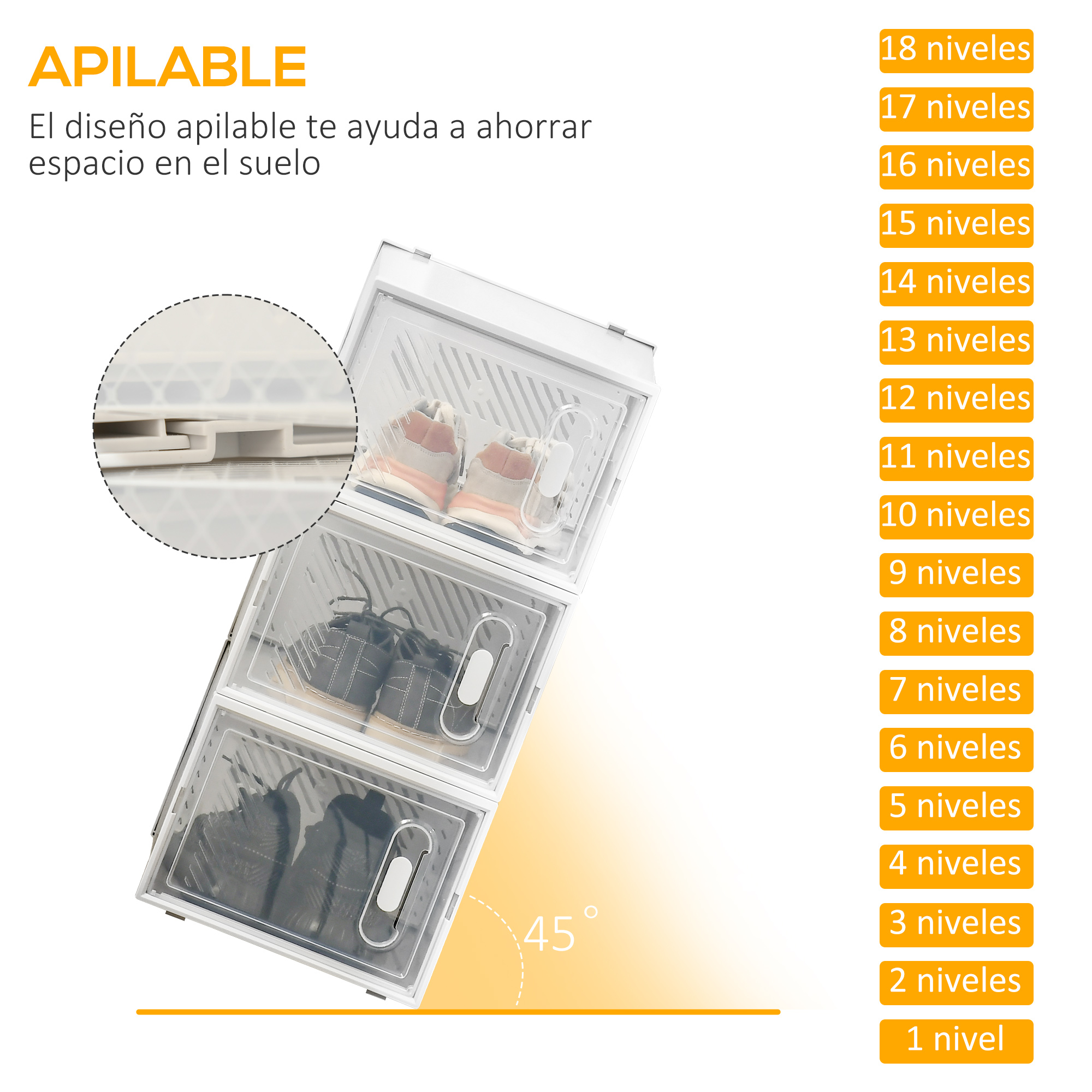 Cajas de zapatos apilables con 3 compartimentos, una con zapatos rosas.