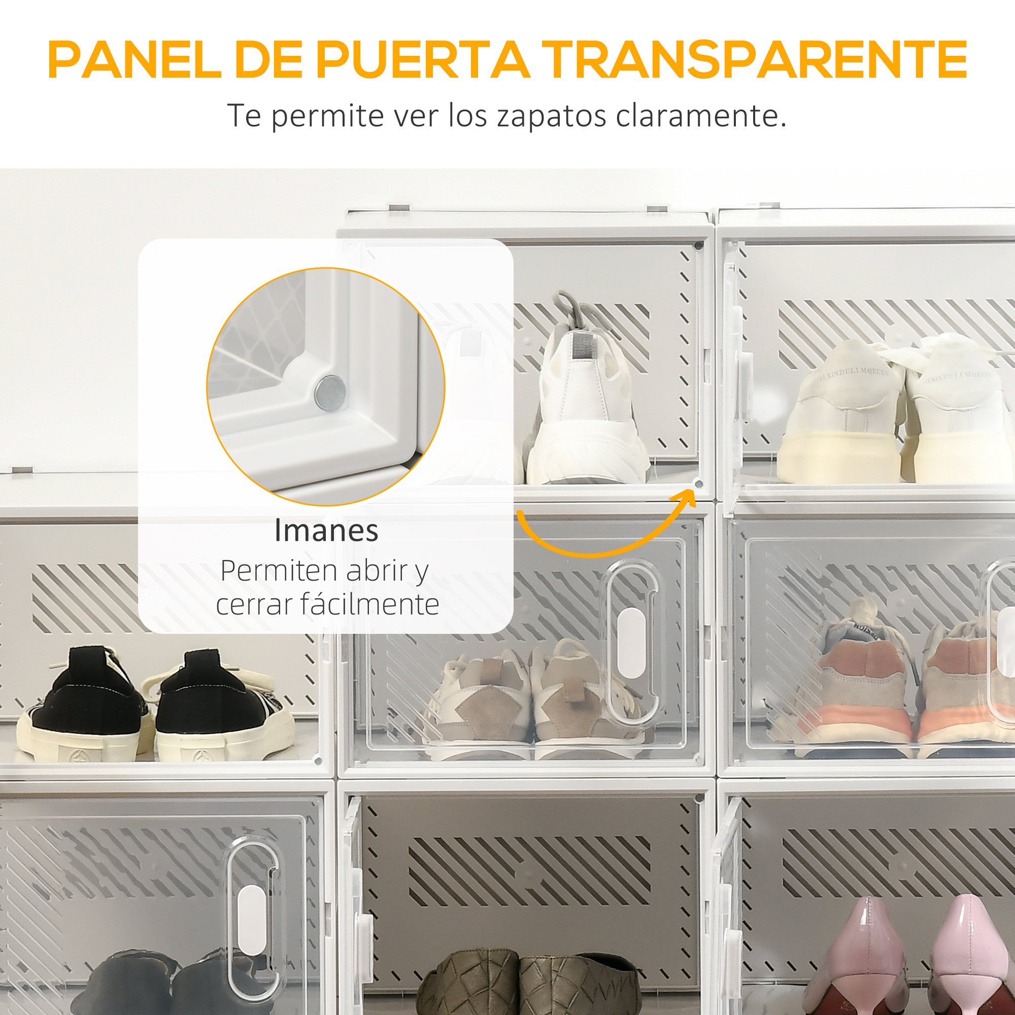 Armarios blancos para zapatos con puertas transparentes muestran varios zapatos.