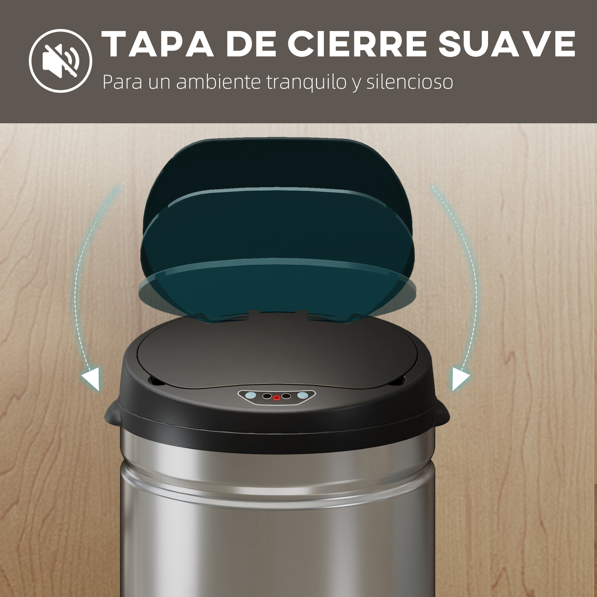 Un cubo de basura plateado con tapa negra abriéndose, fondo de madera.