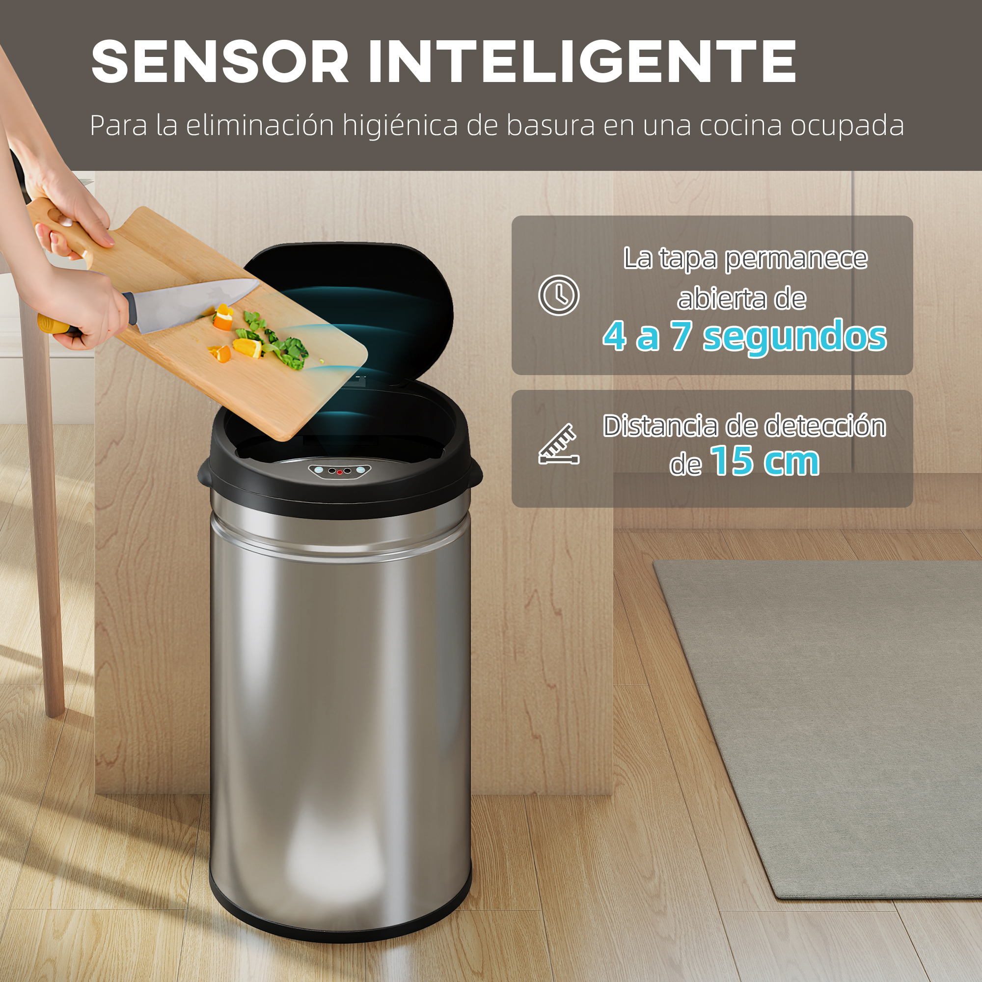 Una mano inclina una tabla de cortar con comida hacia un cubo de basura plateado.