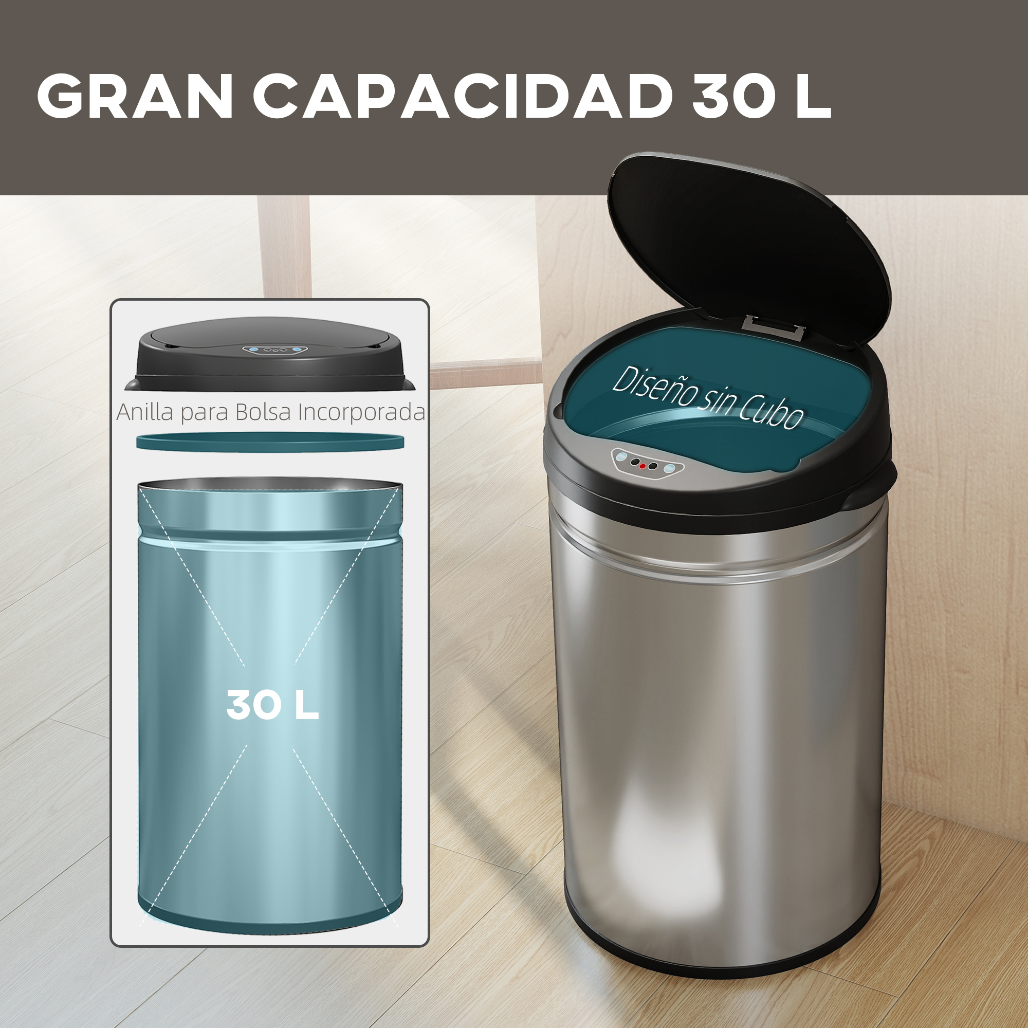 Un cubo de basura plateado con tapa abierta y un inserto.