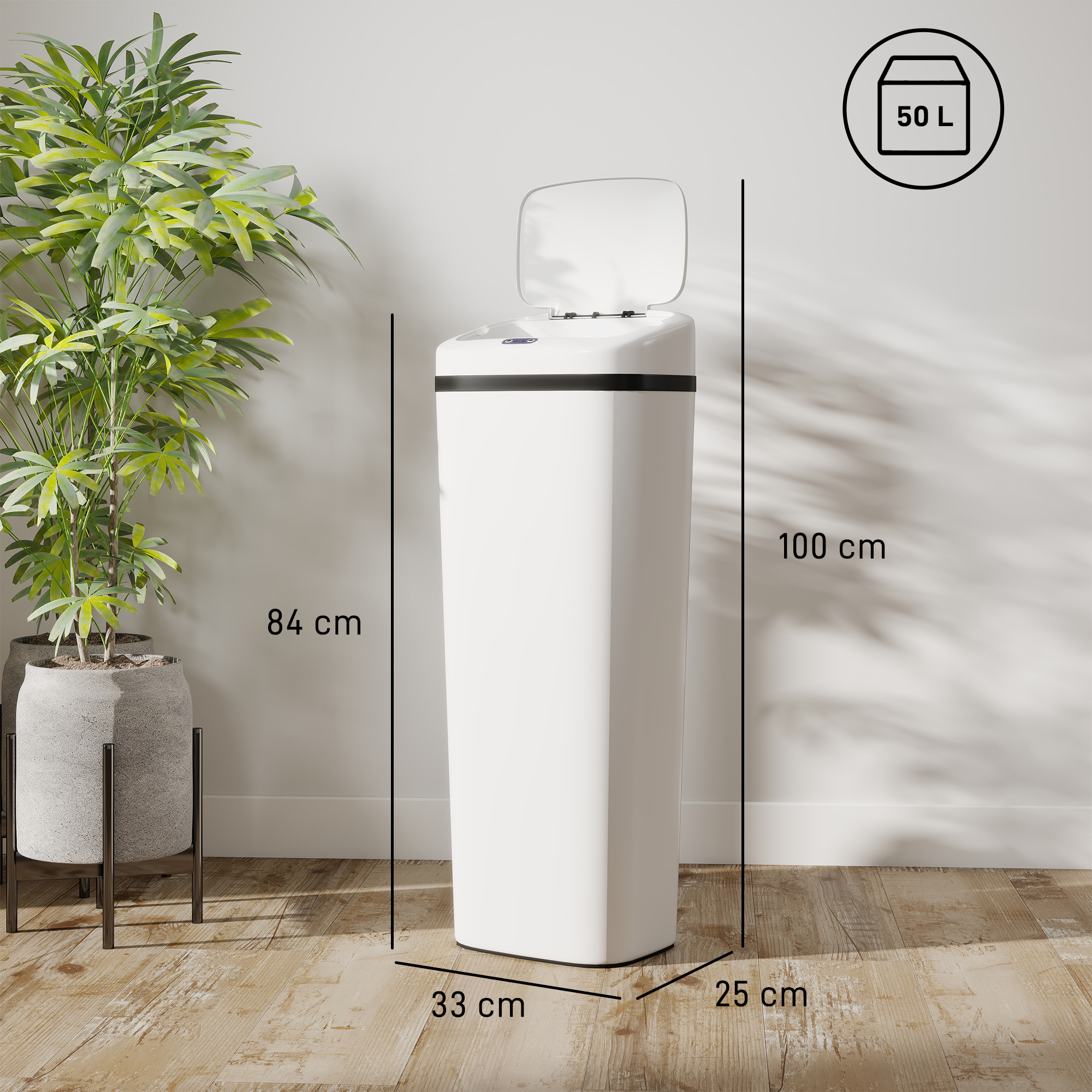Un cubo de basura blanco con tapa abierta junto a una planta en maceta. Se muestran las dimensiones.