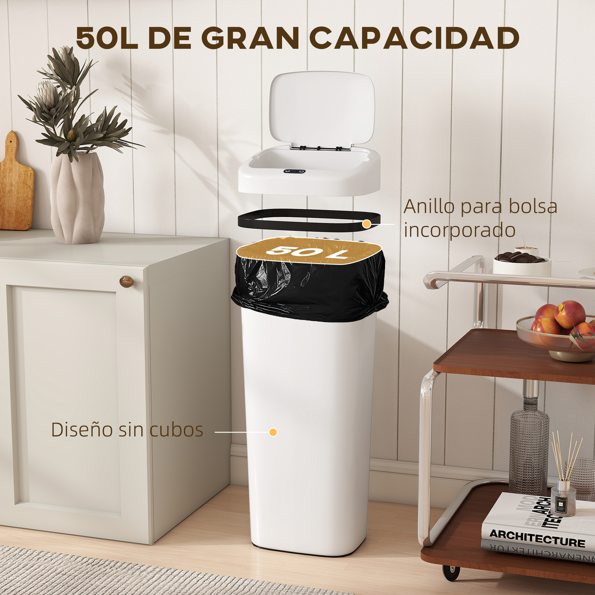 Un cubo de basura blanco de 50L con anillo para bolsa integrado.