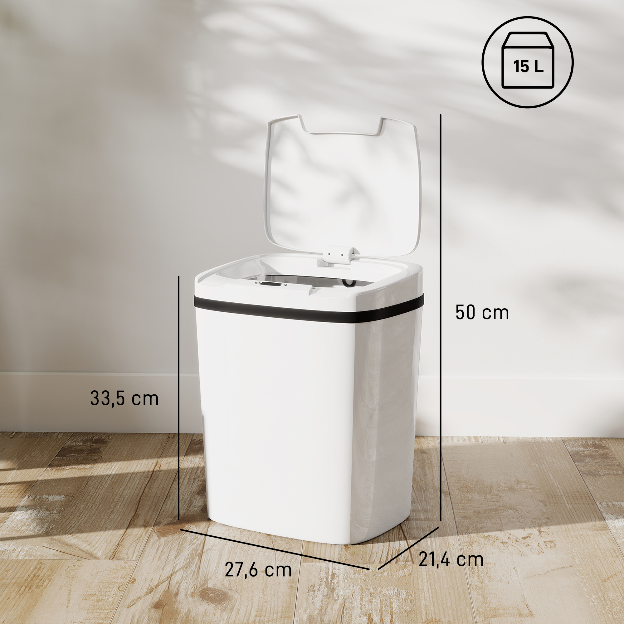 Un cubo de basura blanco con tapa abierta y dimensiones indicadas.
