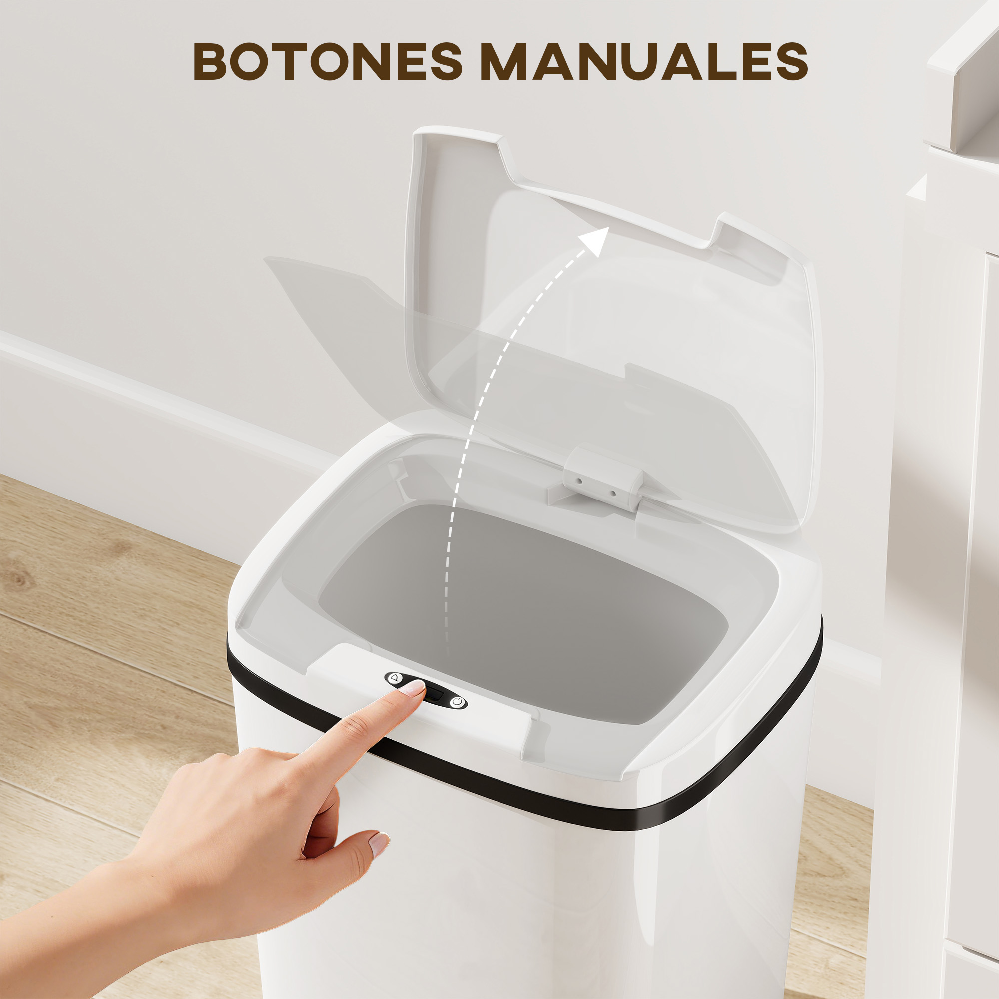 Una mano presiona un botón en un cubo de basura blanco con tapa abierta.