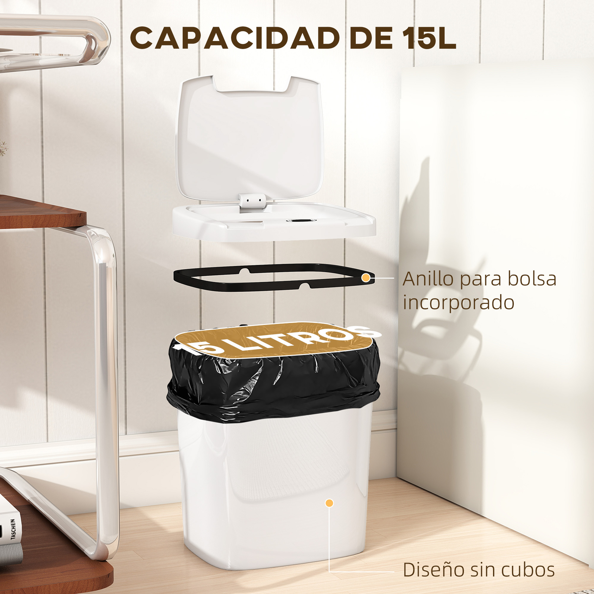 Vista explosionada de un cubo de basura de 15L con tapa, anillo y bolsa negra.