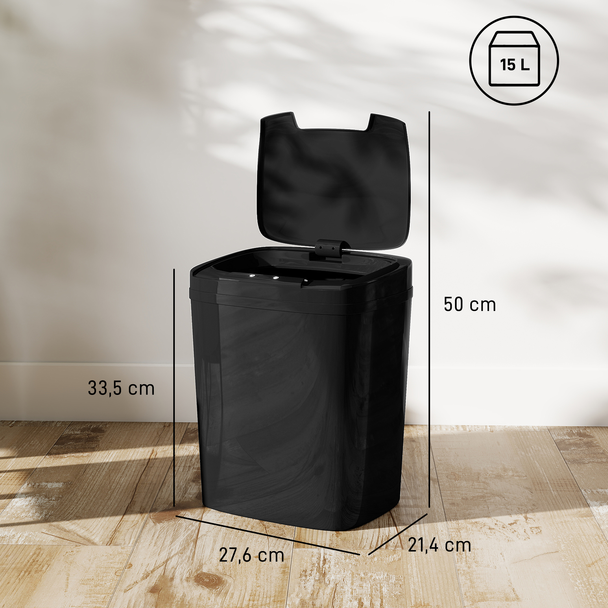 Papelera negra con tapa abierta, 50 cm de alto, capacidad 15L.