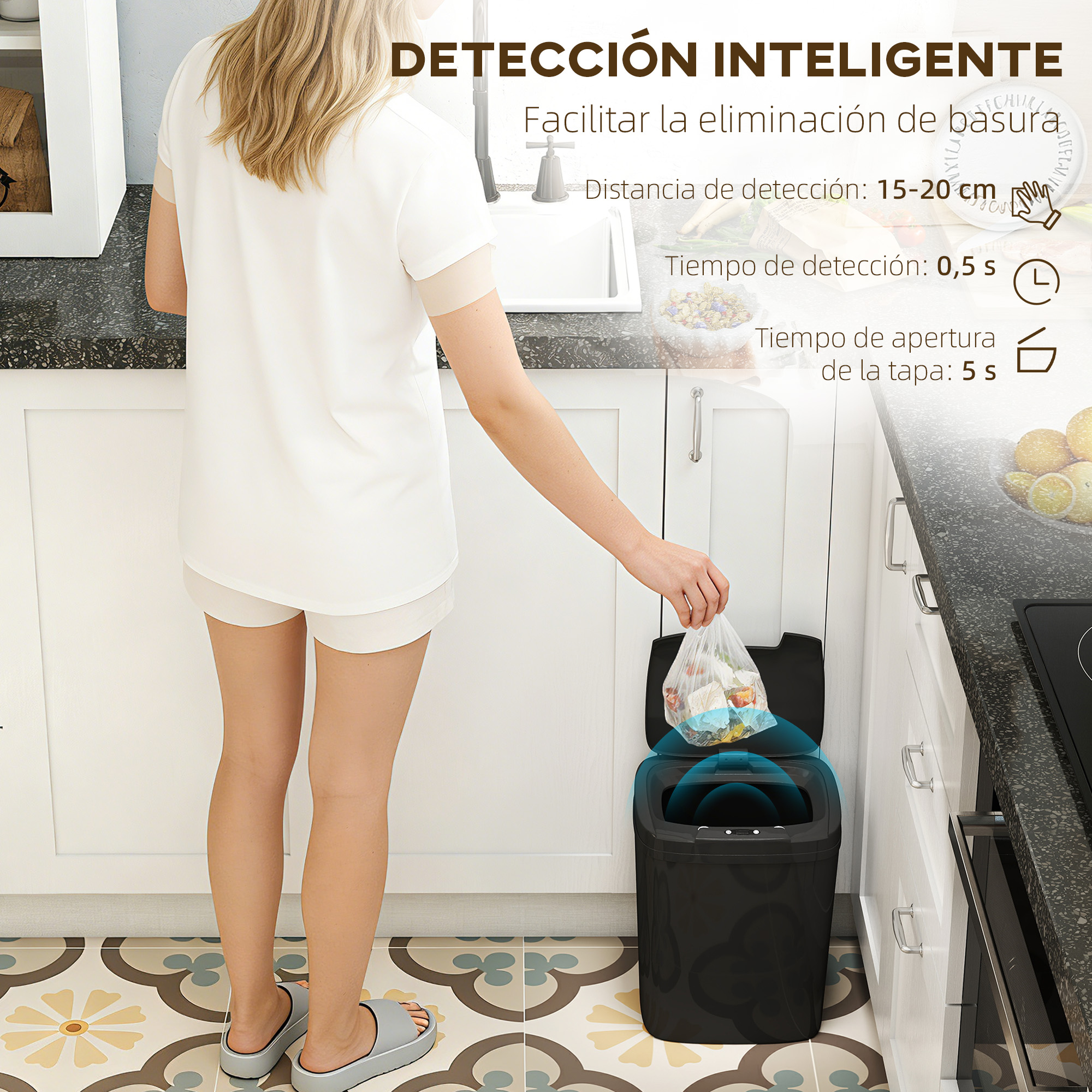 Una mujer tira una bolsa de basura en un cubo negro con sensor.