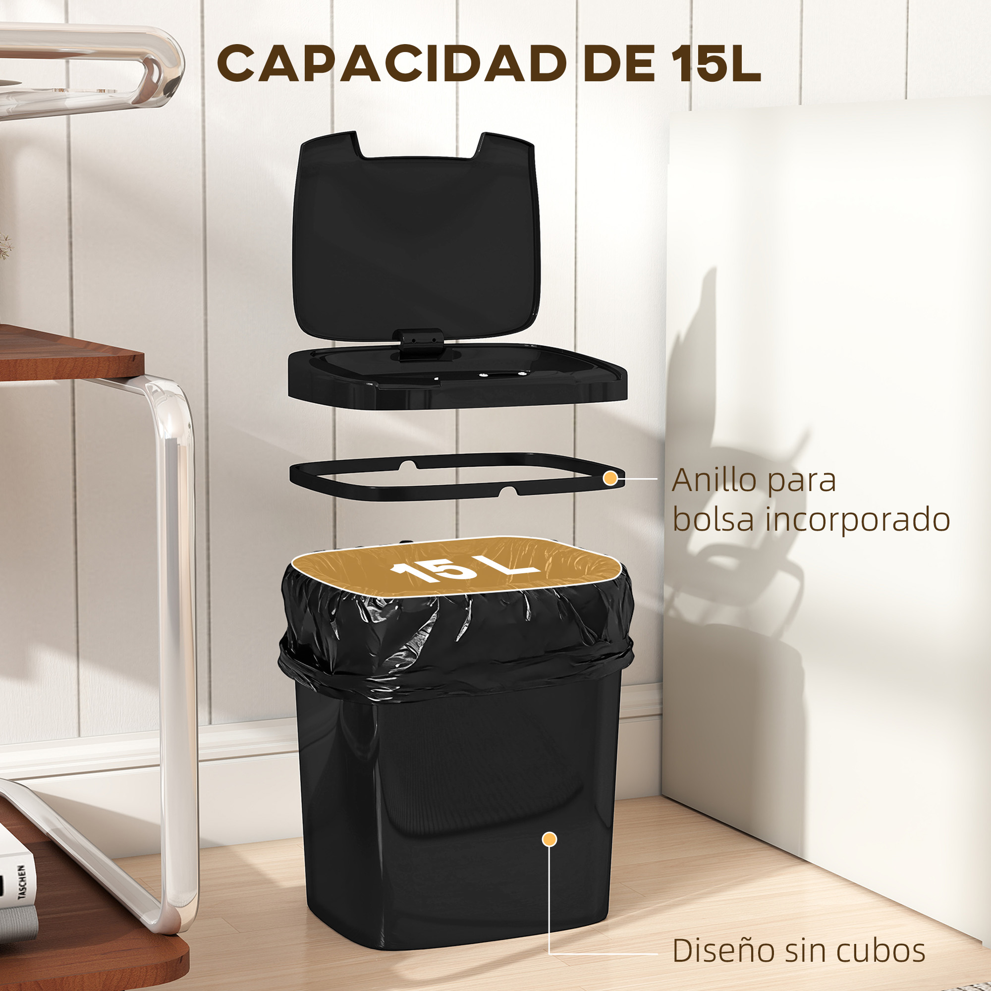 Papelera negra con tapa, aro y capacidad de 15L.