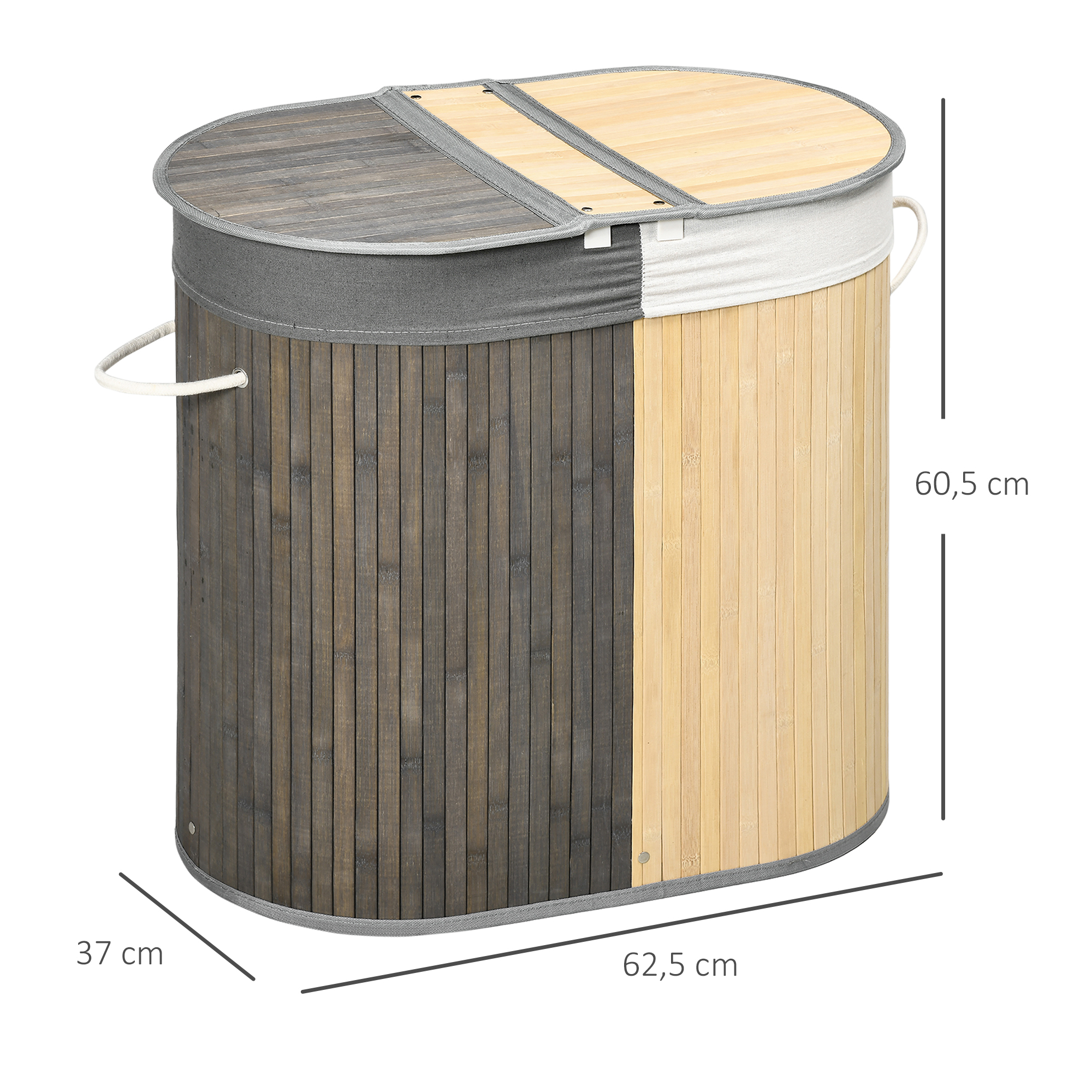 Una cesta de lavandería ovalada de bambú con tapa y asas de cuerda. Gris oscuro a la izquierda, natural a la derecha.