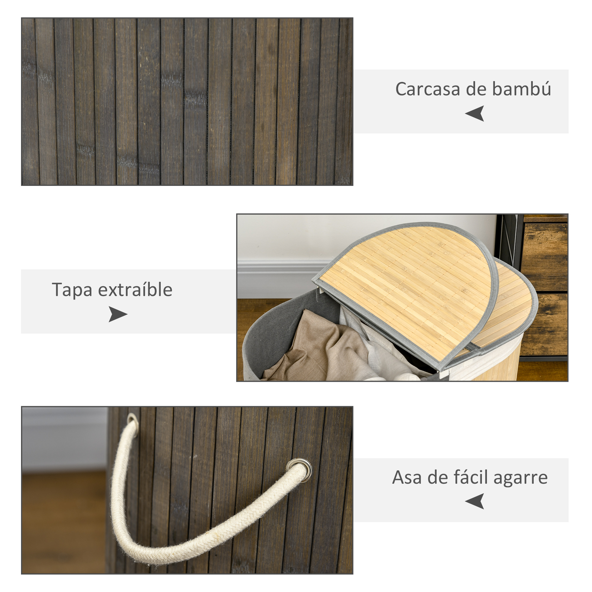 Tres primeros planos de una cesta de bambú: material, tapa y asa.